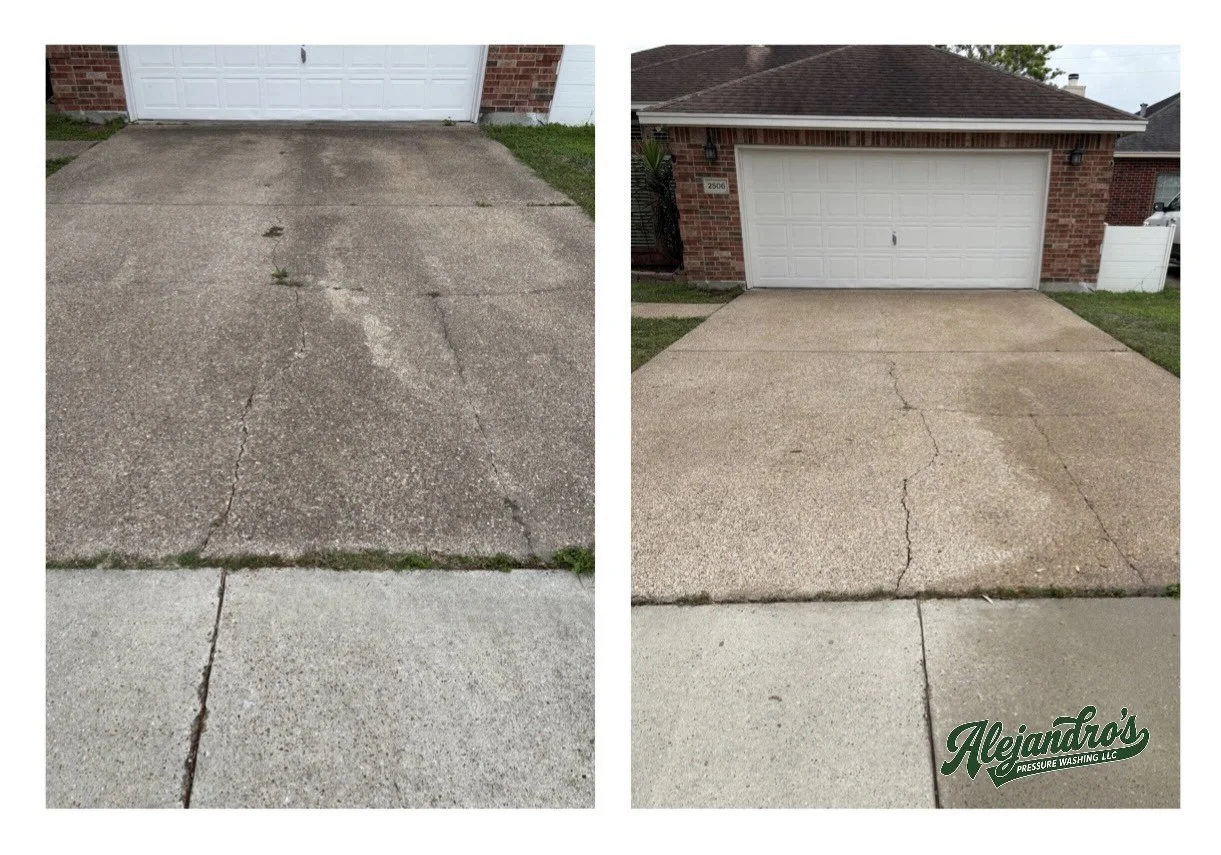 Comparison of two driveway surfaces; the left shows a dirty, stained, cracked concrete surface, while the right shows a cleaner, lighter, less cracked concrete surface after pressure washing. The bottom right corner has a logo for Alejandra's Pressur