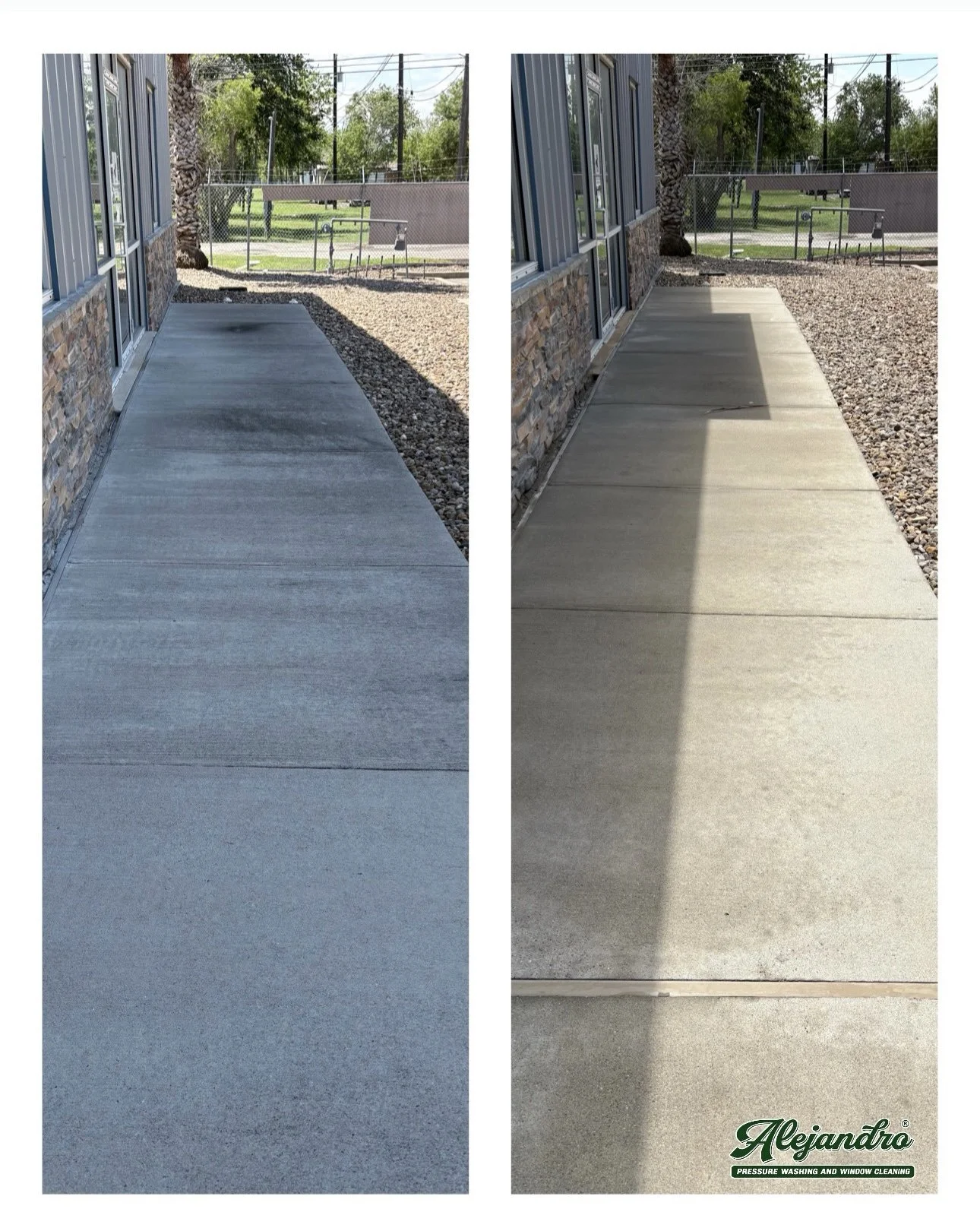 Side-by-side comparison of a concrete sidewalk after pressure washing, with the left side appearing cleaner and darker, and the right side showing a lighter, cleaner surface with the Alexandro logo in the corner.