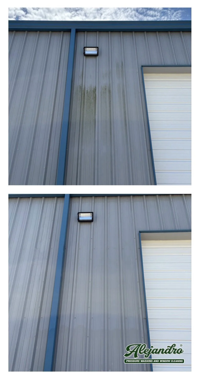 Comparison of two photos showing the exterior wall of a building. The top photo displays dirt and green mold streaks on the wall, while the bottom photo shows the wall cleaned of dirt and mold. The wall is made of vertical metal panels with a blue tr