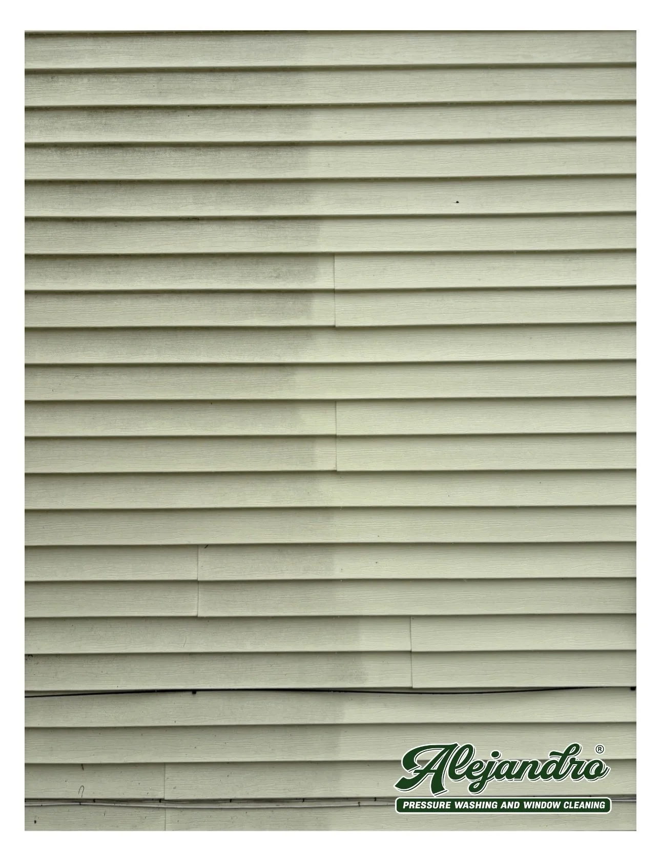Advertisement for Alejandro pressure washing and window cleaning services, featuring a beige siding wall.