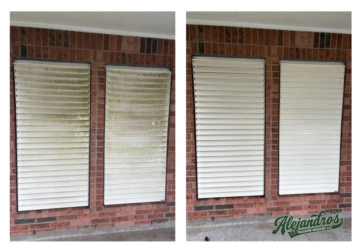 Comparison of two window shutters on a brick wall before and after cleaning, with a logo of Alejandro's Pressure Washing LLC in the bottom right corner.