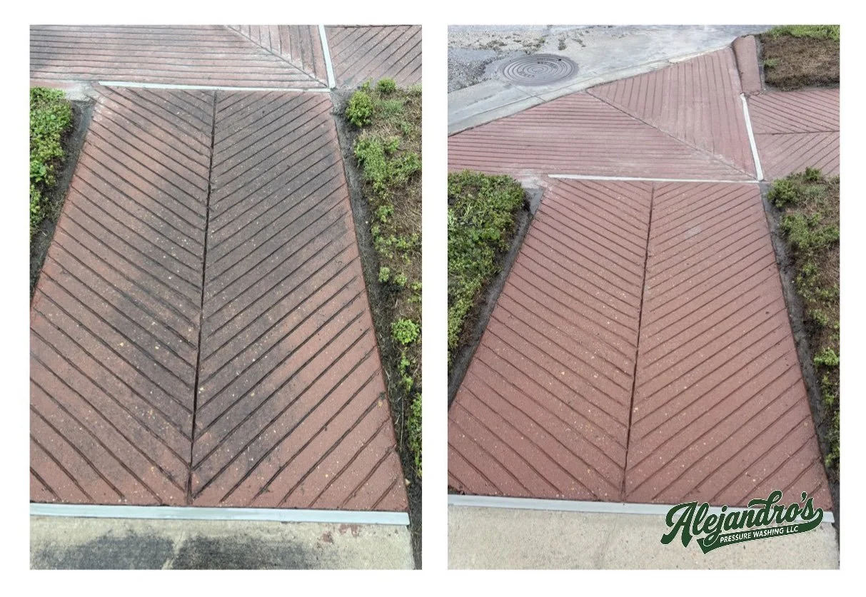 Comparison of a concrete sidewalk before and after power washing, showing cleaner, brighter surface on the right side.