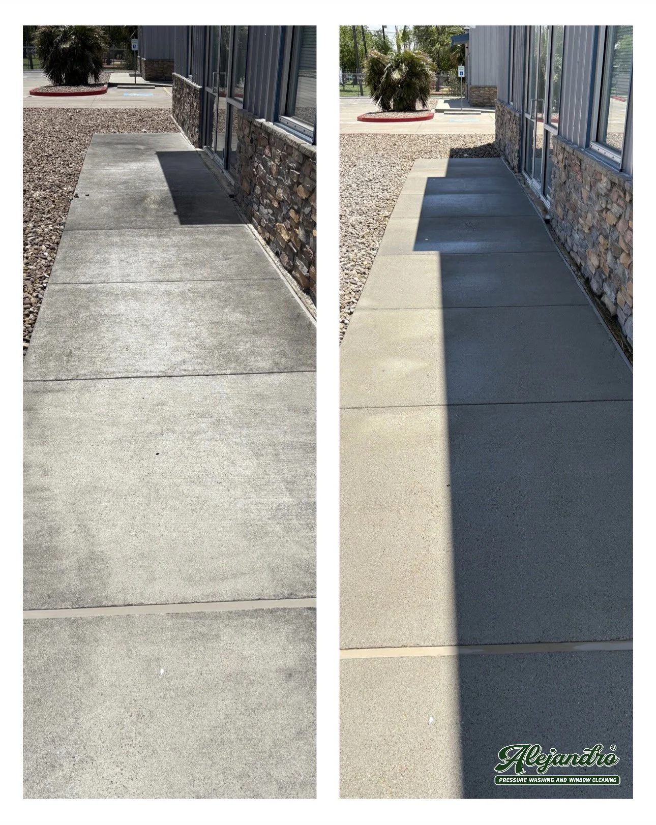 Side-by-side comparison of a sidewalk before and after pressure washing, showing the removal of dirt and stains.
