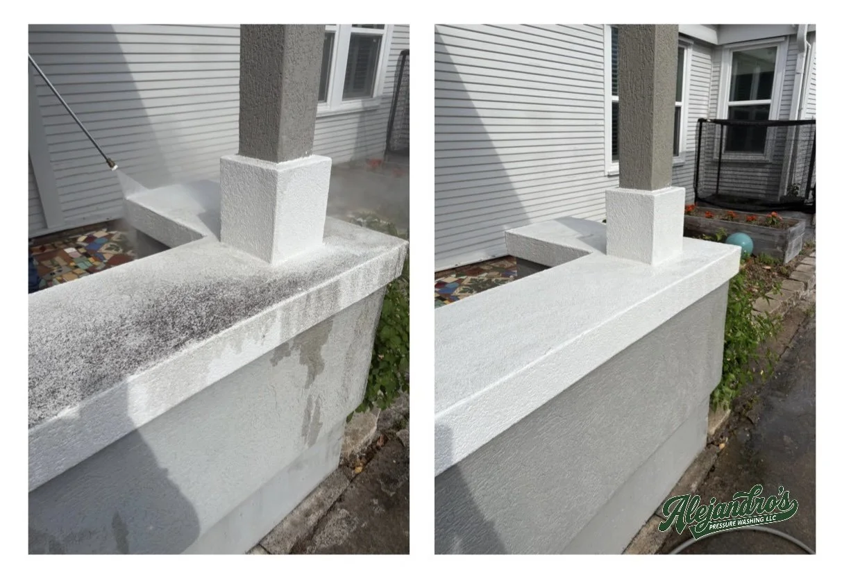 Side-by-side photos of a concrete porch railing before and after power washing, showing cleaner and brighter surfaces after cleaning.