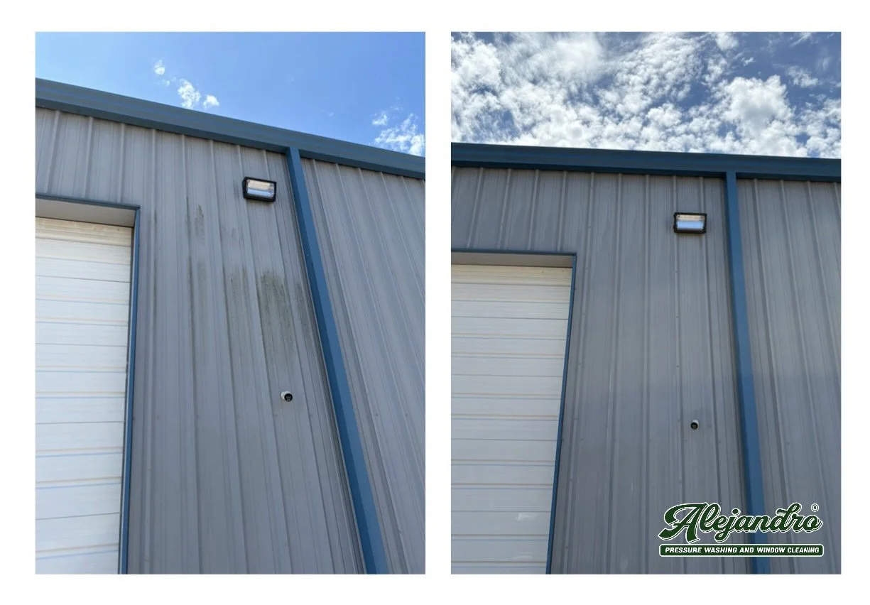 Comparison of a metal building wall with and without cleaning, showing dirt stains on the left side and a clean surface on the right side, under a partly cloudy sky. The logo in the bottom right corner reads 'Alejandro Pressure Washing and Window Cle