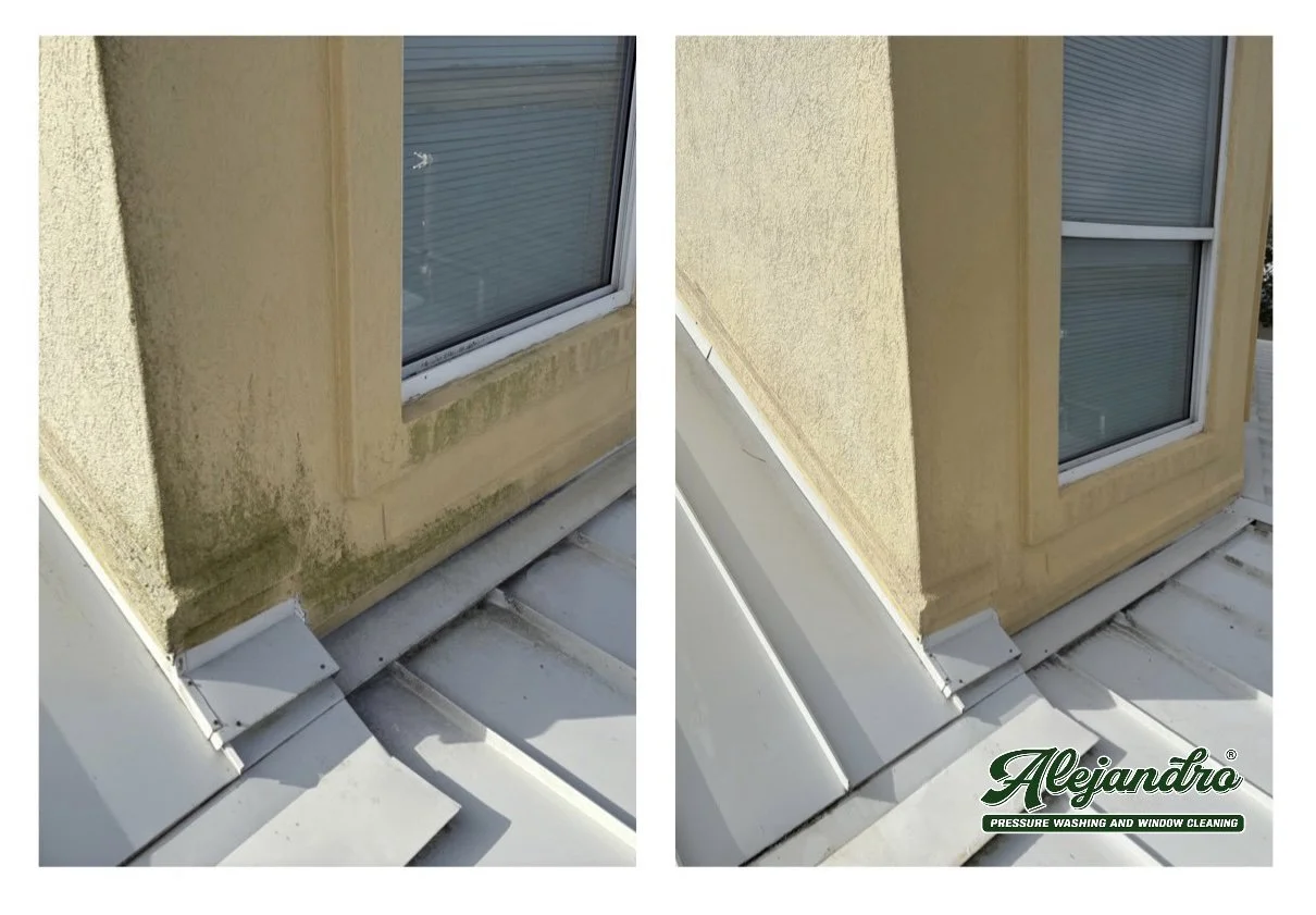 Comparison of window area before and after cleaning; left side shows stained, dirty window frame and wall, right side shows clean, refreshed window frame and wall with a logo for Alejandro pressure washing and window cleaning.