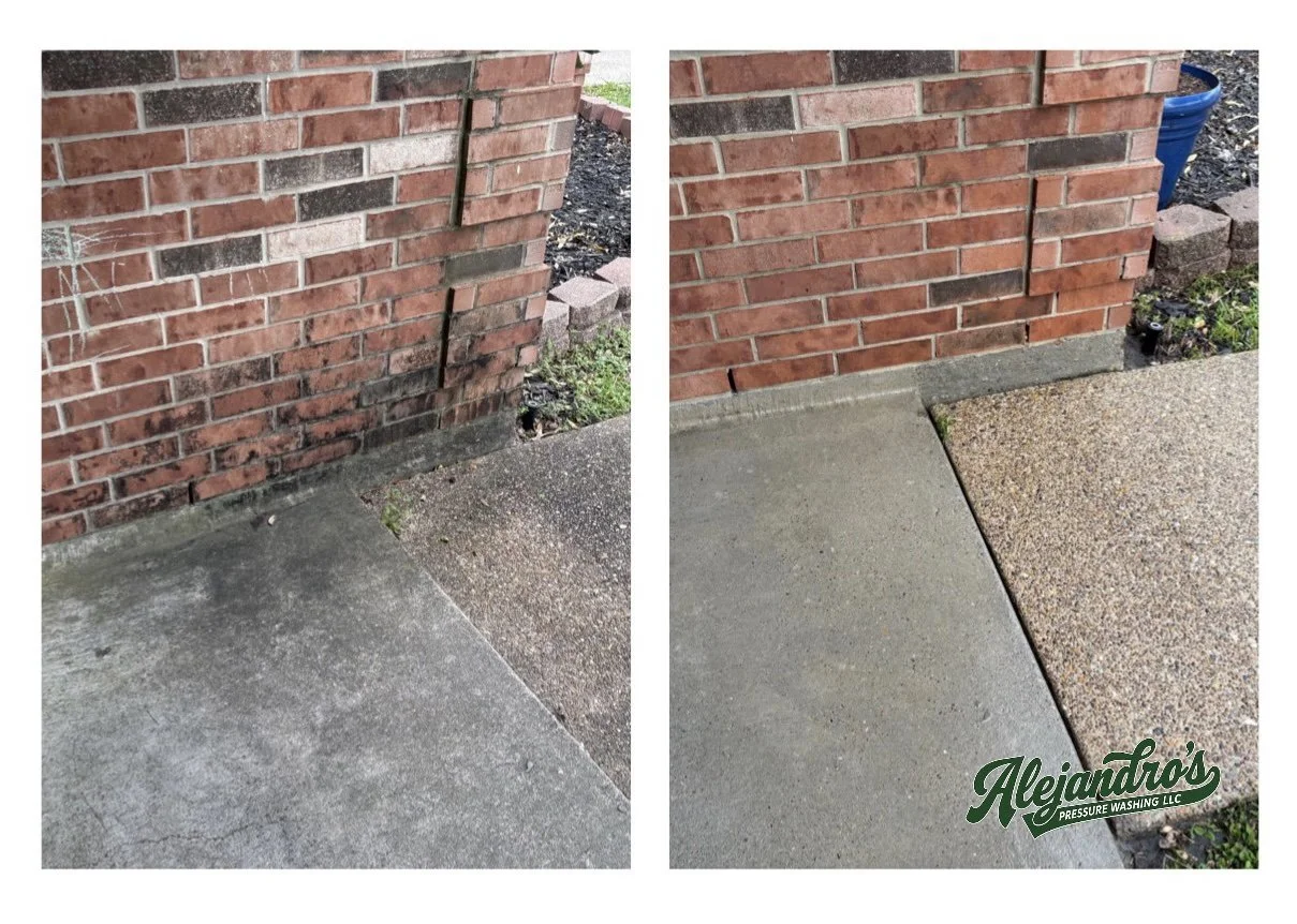 Before and after images of a brick wall and concrete sidewalk with a concrete patch replacing a worn area. The after image shows a cleaner, smoother concrete surface. There is a logo in the bottom right corner that reads 'Alejandro's Pressure Washing