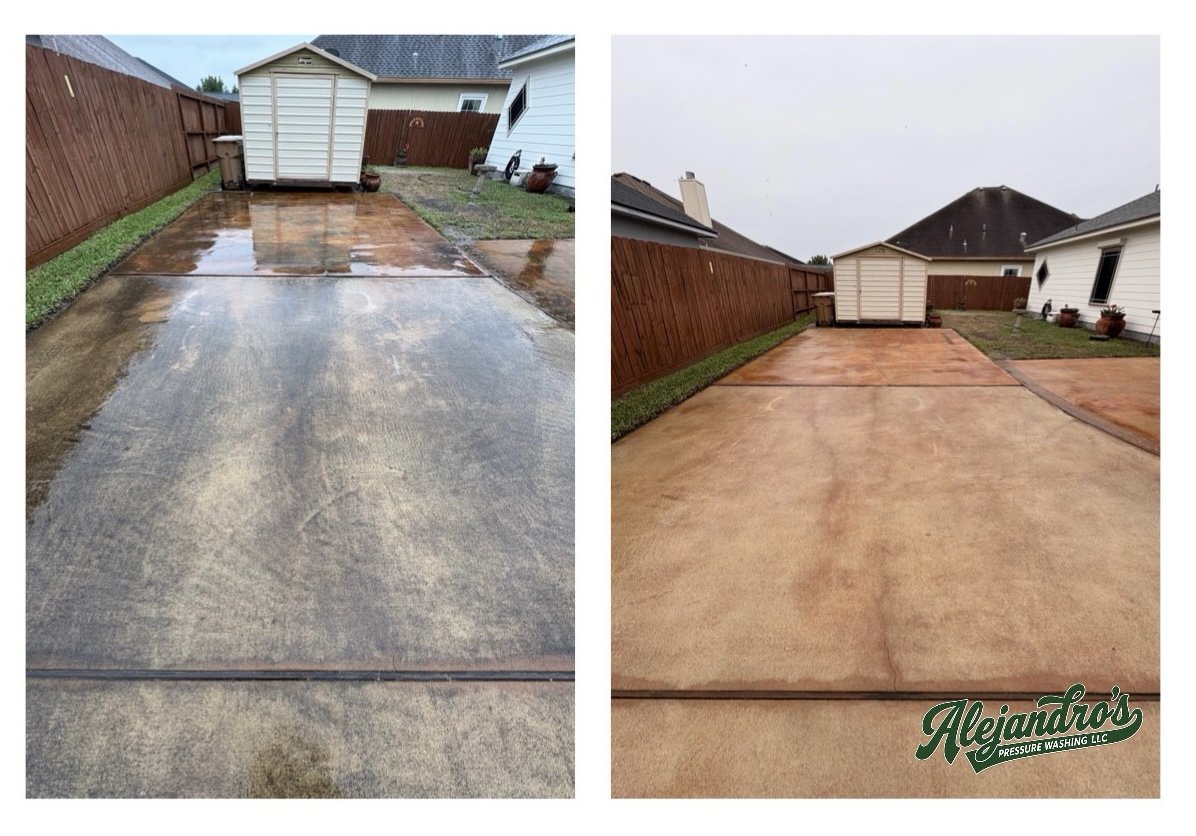 Before and after images of a concrete driveway after pressure washing, with the company's logo in the bottom right corner.