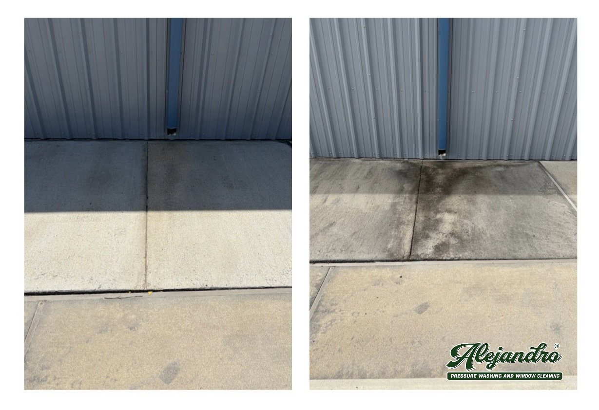 Side-by-side comparison of concrete sidewalk sections before and after pressure washing. The left shows a clean, light-colored surface, while the right shows a darker, stained area after cleaning.