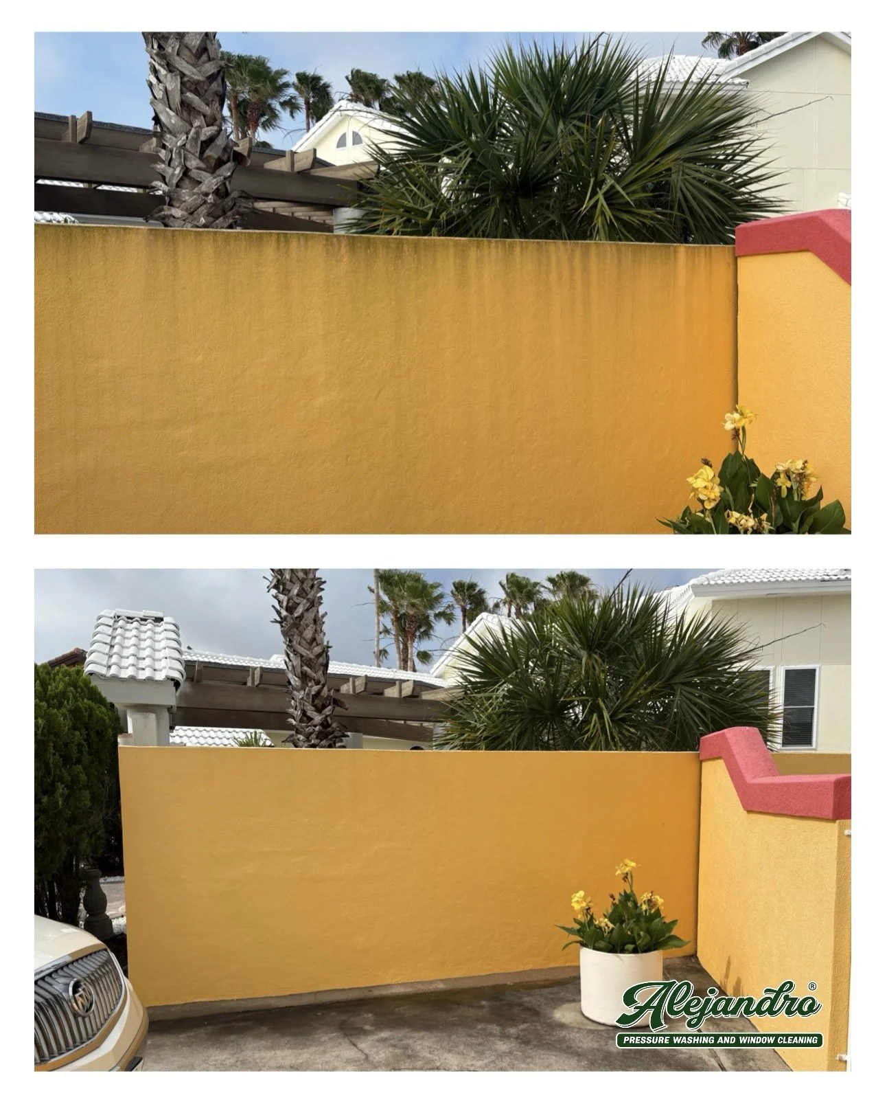 The image shows a before and after comparison of a yellow wall in a residential area. The top part depicts the wall before cleaning, with visible dirt and grime stains on its surface. The bottom part shows the same wall after pressure washing, with t