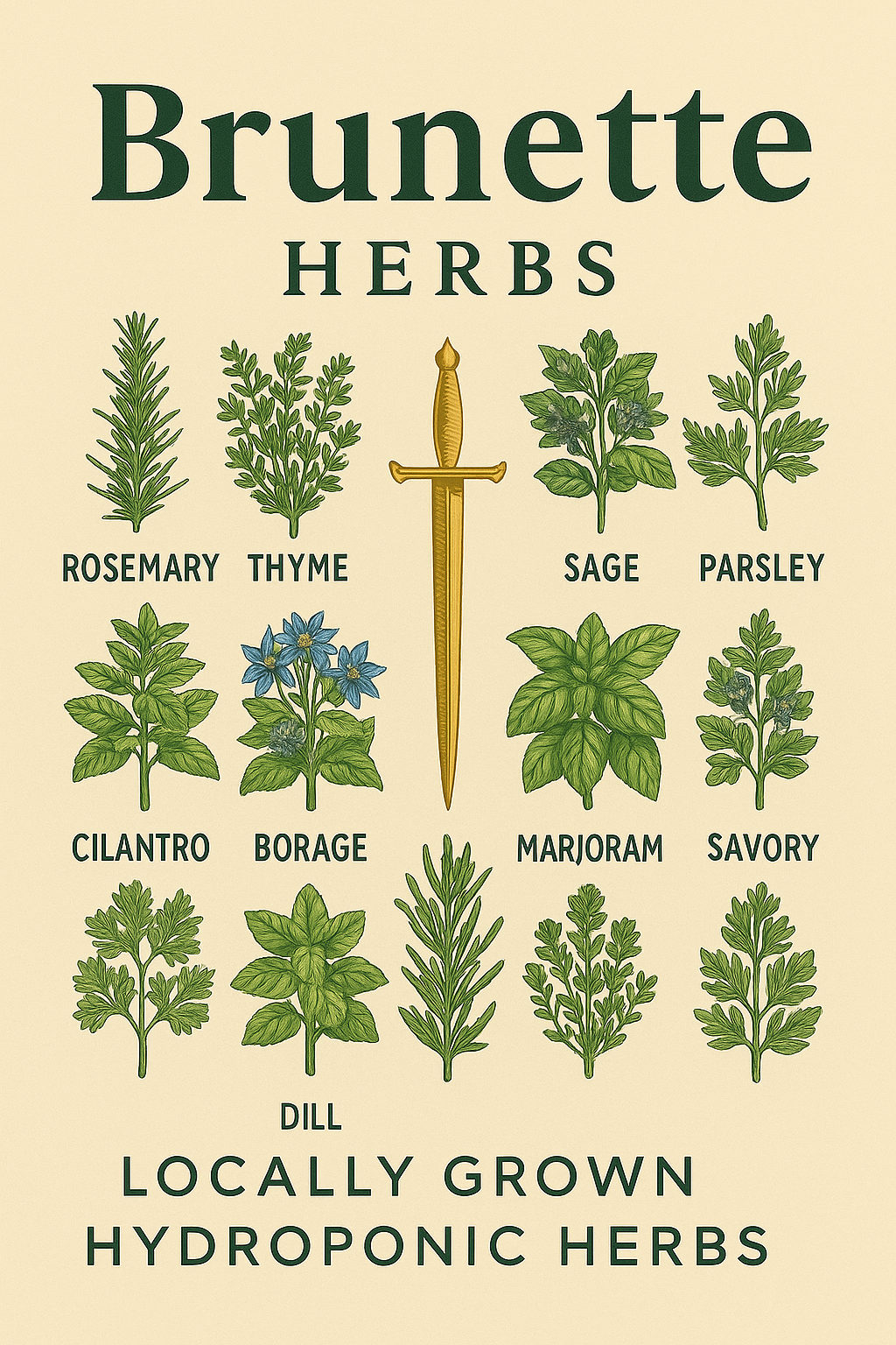 Illustration of various hydroponically grown herbs including rosemary, thyme, sage, parsley, cilantro, borage, marjoram, savory, dill, with a sword in the center and the text 'Brunette Herbs' and 'Dill Locally Grown Hydroponic Herbs'.
