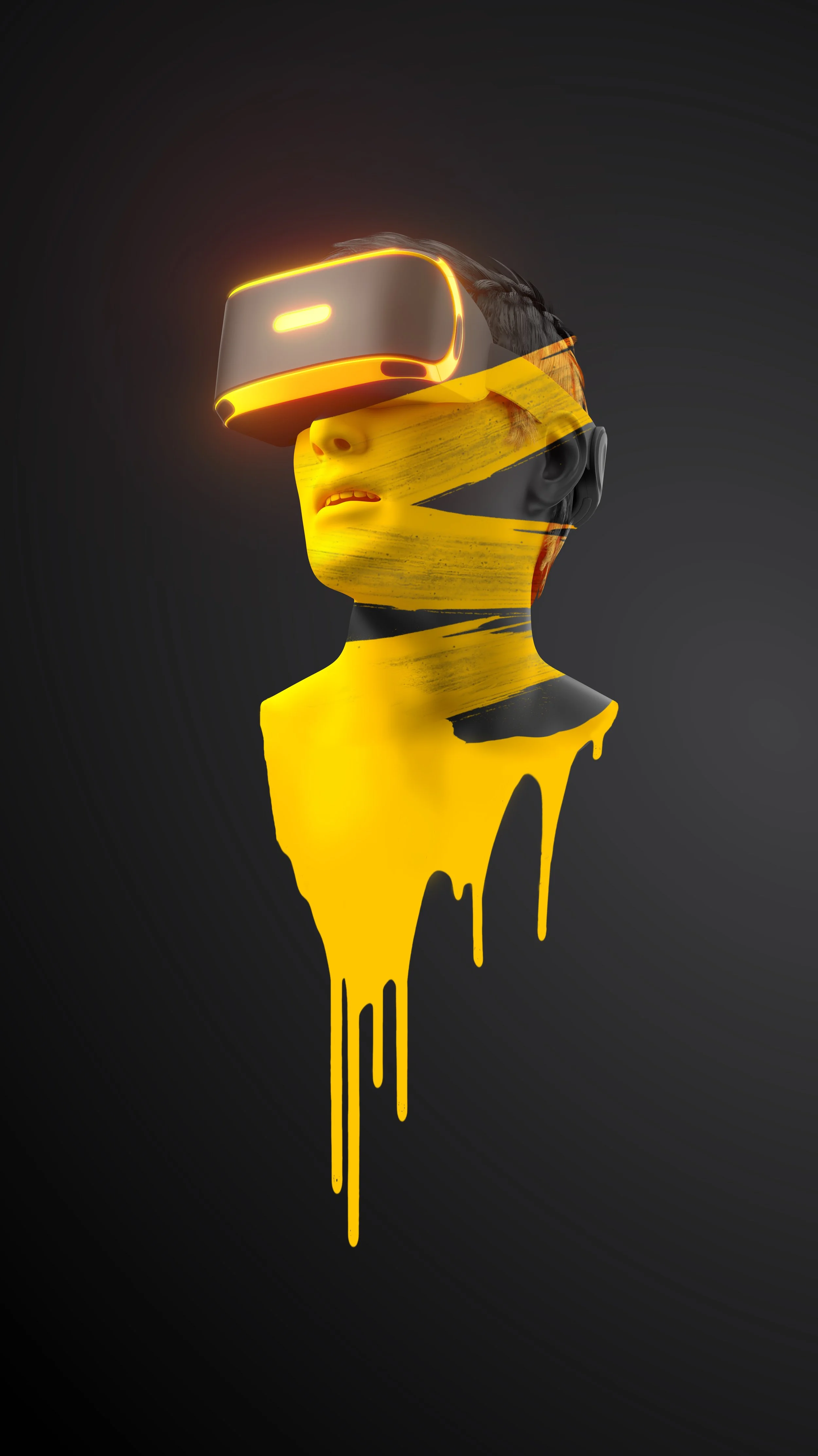 SINARWIN - Abstract art of head wearing VR headset with yellow paint drips on dark background.