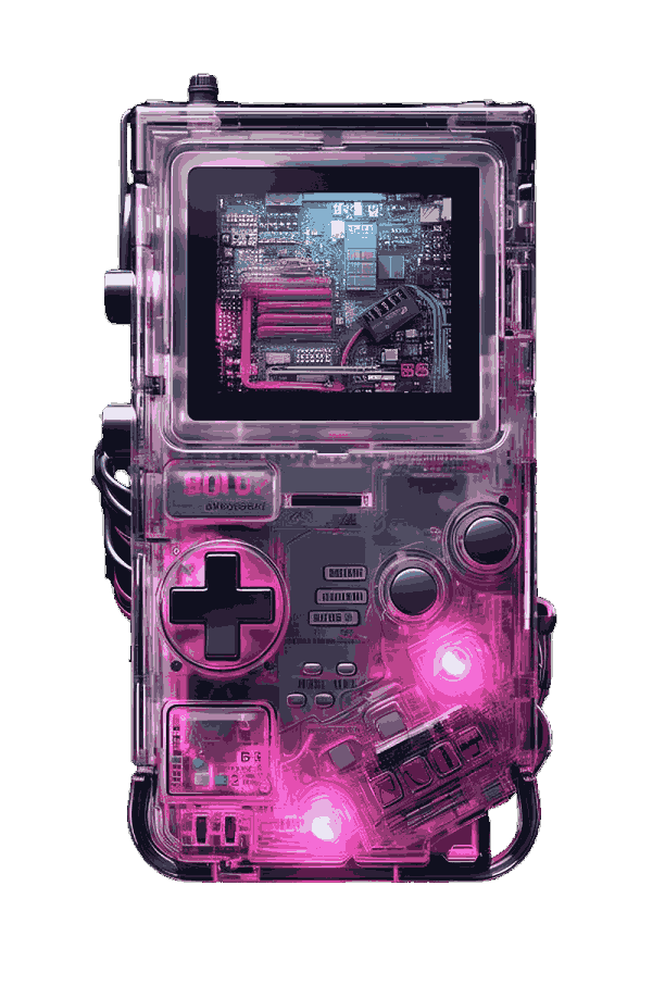 SINARWIN  - Transparent retro gaming console with pink LED lights, showing internal circuitry.