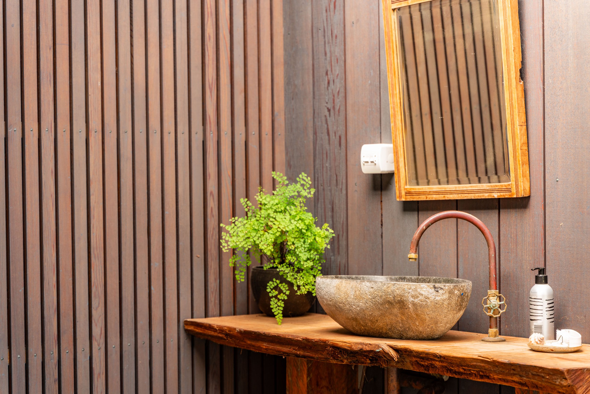 Rustic bathroom with wooden panel walls, a stone sink, a mirror with a wood frame, a small green potted plant, a soap dispenser, and a faucet.