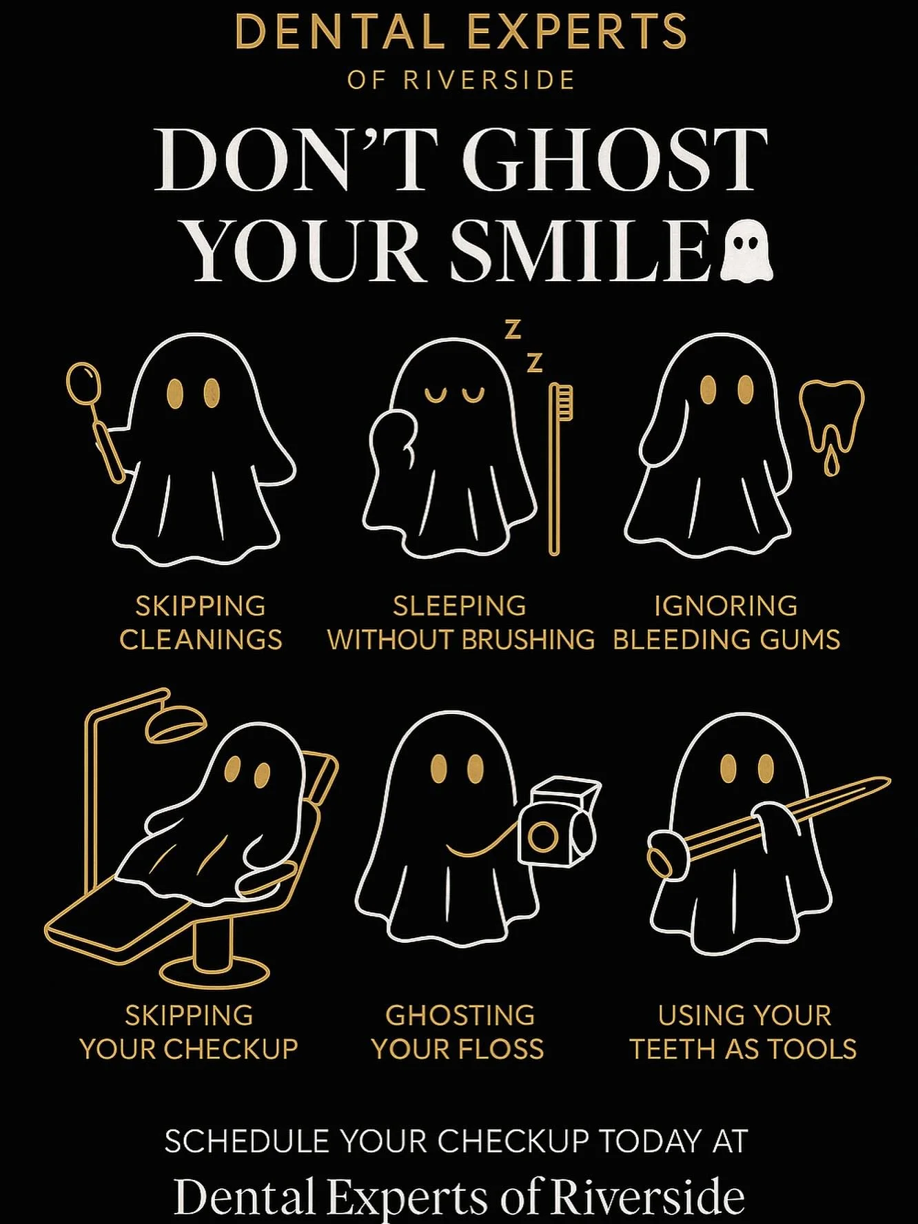 “Don’t ghost your smile this spooky season! 👻🪥 Keep your pearly whites boo-tiful with regular checkups at Dental Experts of Riverside! 💛 #DontGhostYourSmile #DEORSmiles #SpookySeasonCare”