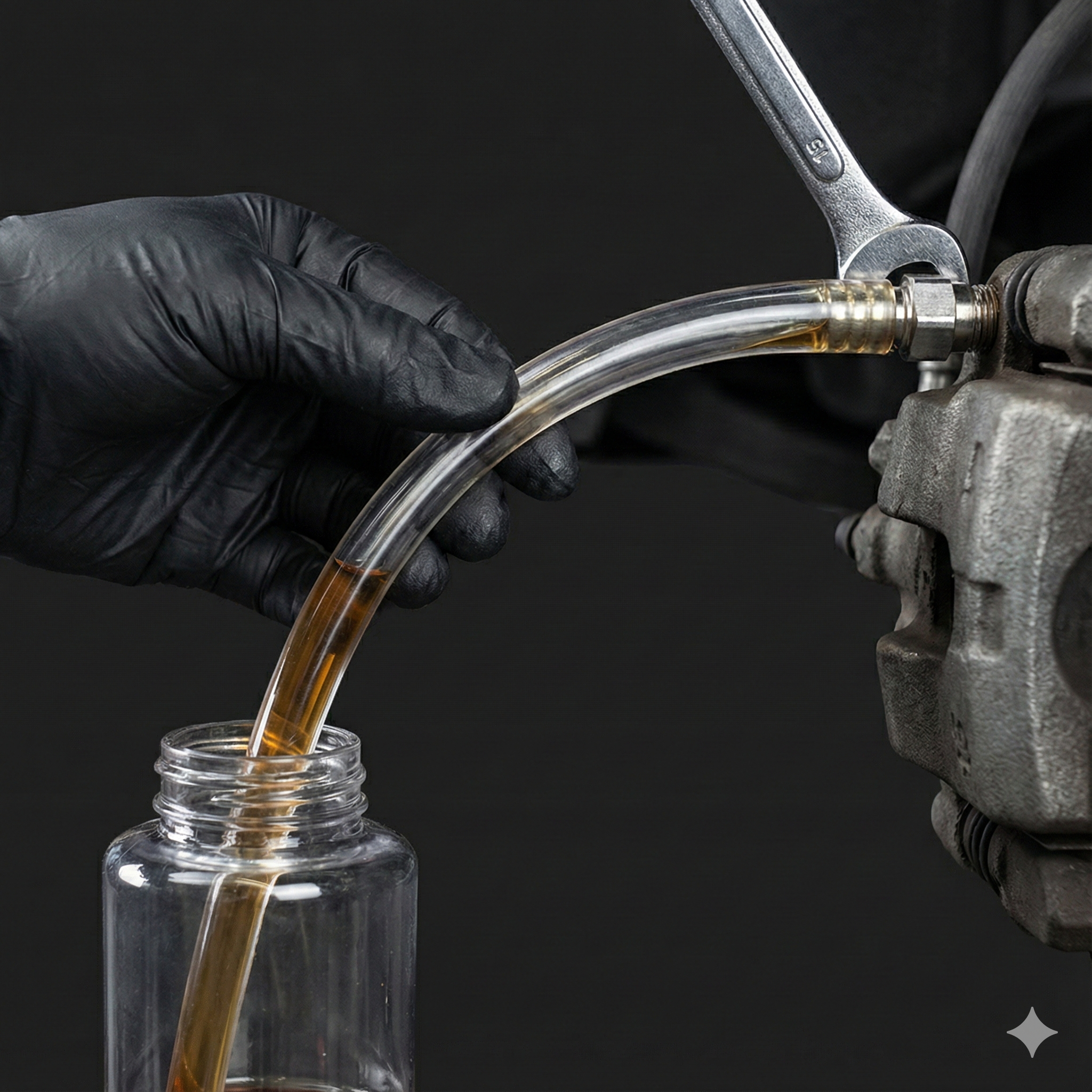 A hand in a black glove pouring liquids from a transparent tube into a plastic bottle near a car engine.