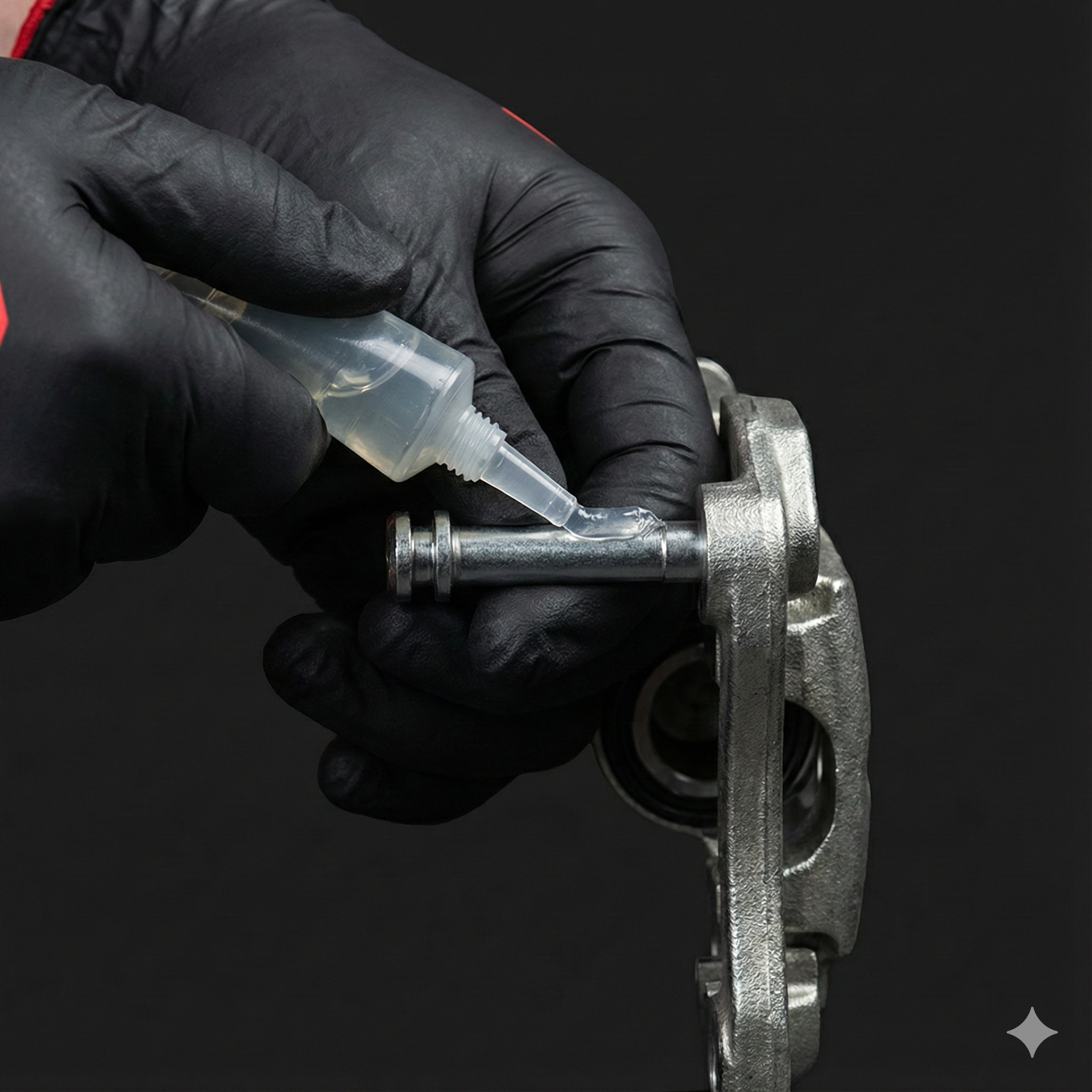 A person wearing black gloves applying grease or lubricant to a metal component, likely an automotive part.