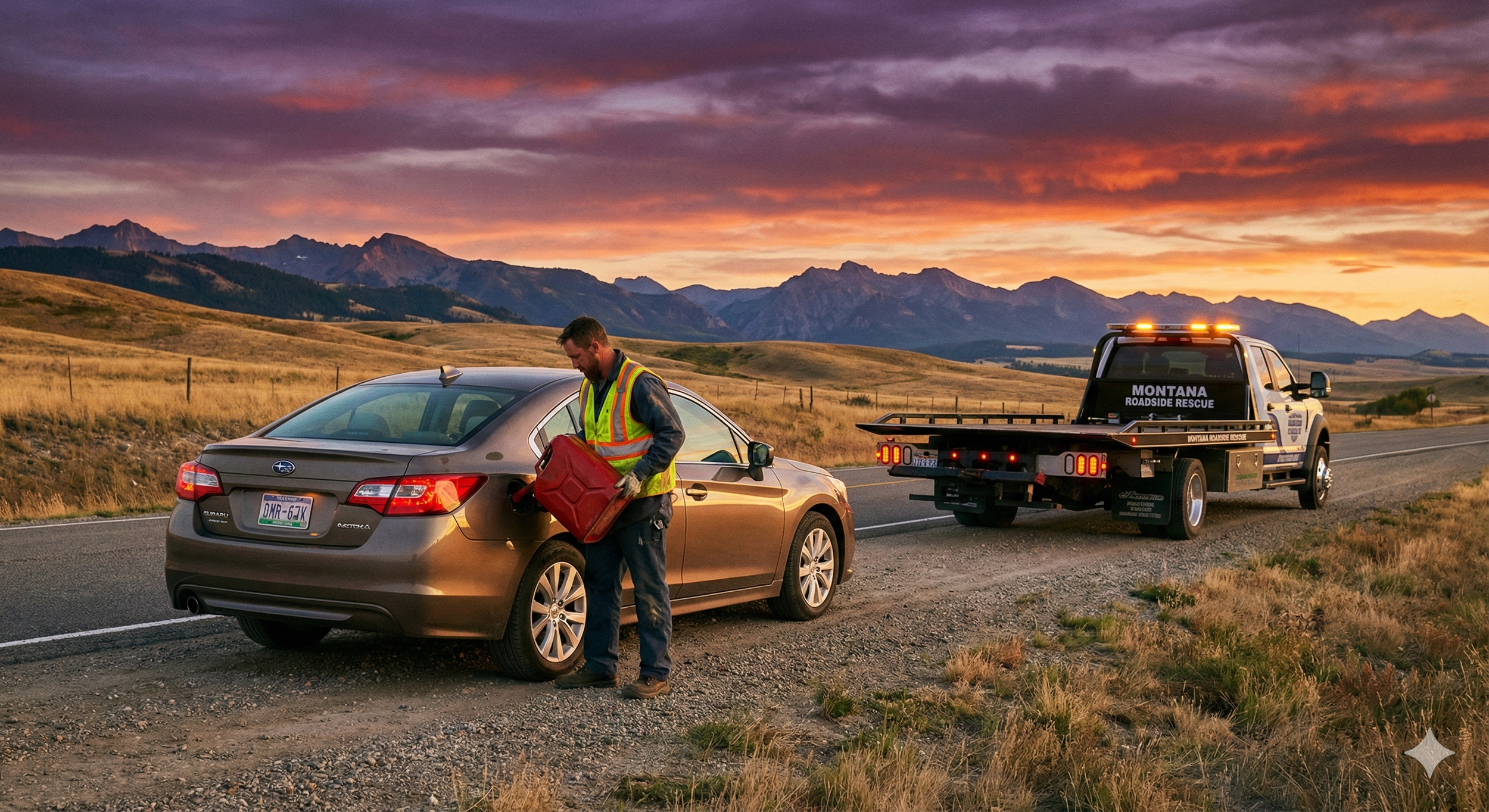 Nighttime at an auto repair shop with a tow truck carrying a silver car, two mechanics in blue coveralls talking, and the shop's illuminated sign that reads 'Auto Service' with a wrench and screwdriver icon.