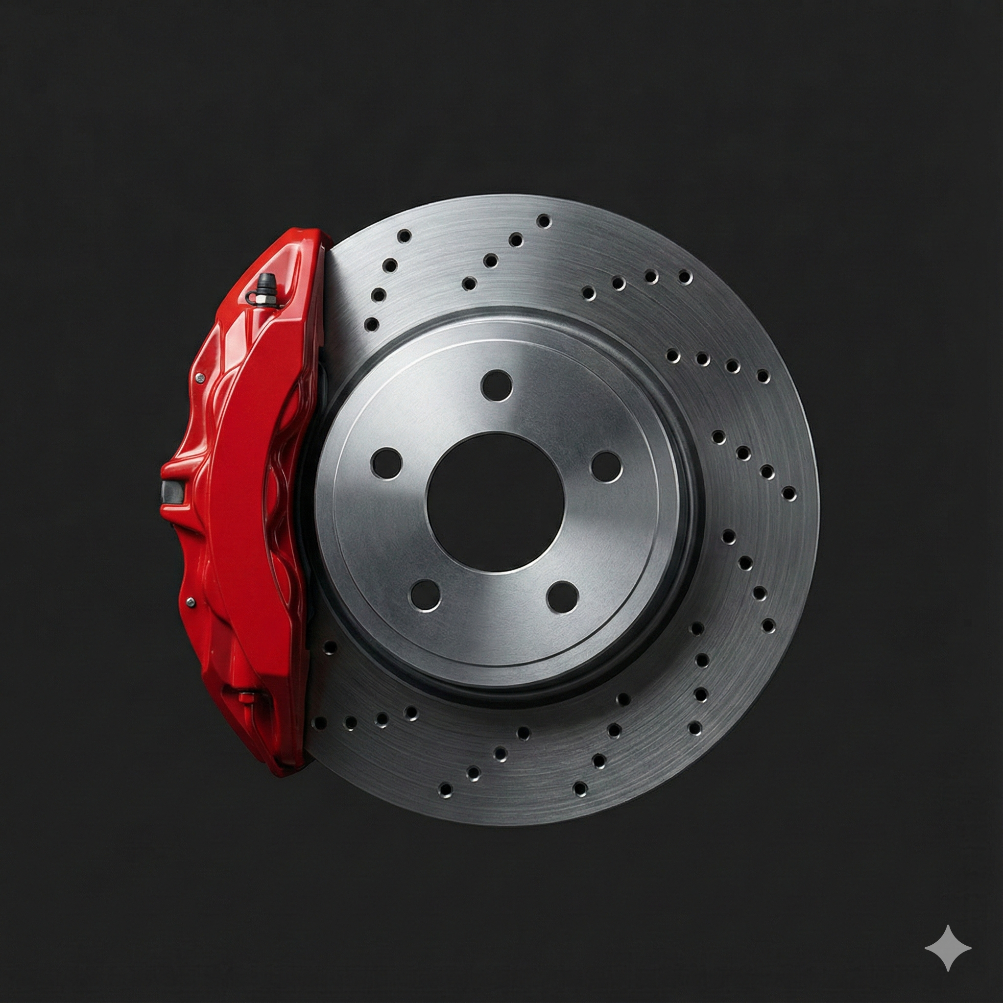 A close-up of a car brake disc with a red brake caliper on a black background.