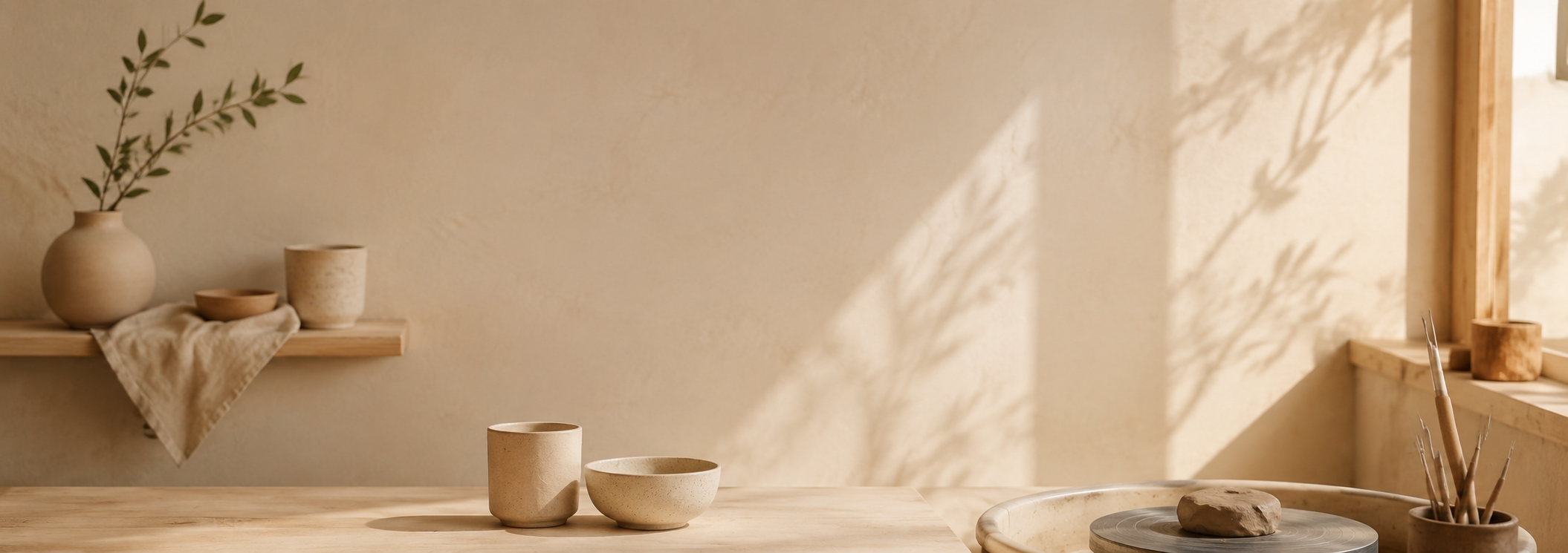A minimalist interior with a wooden table, beige ceramic cups, bowls, and vases, with sunlight casting shadows on the wall and window sill decorated with small objects and a clay pottery wheel.