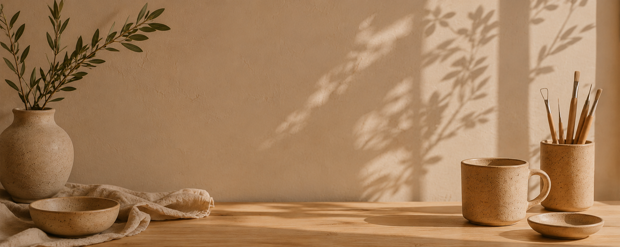 Decorative ceramic items on a wooden table including a small bowl, a mug, and a container holding paintbrushes, with a beige background and soft shadow of a leafy branch.