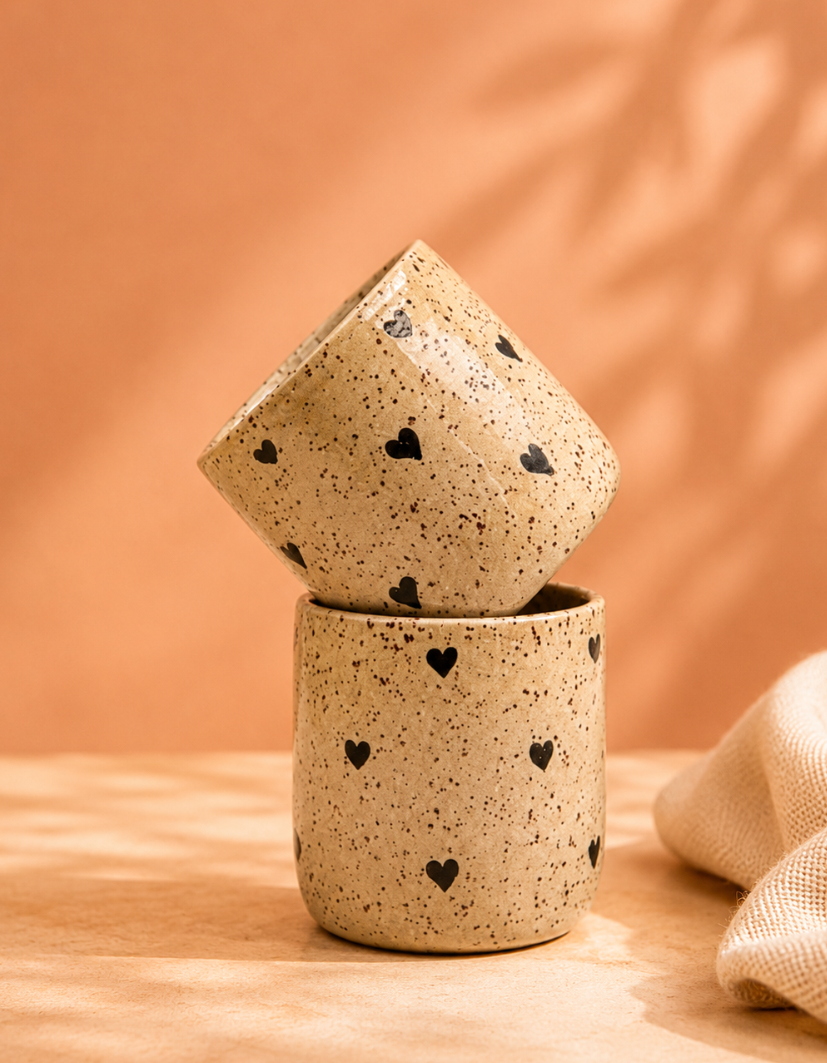 Two speckled beige ceramic cups with black heart patterns, stacked on a wooden surface against a warm pink background with shadowed foliage.