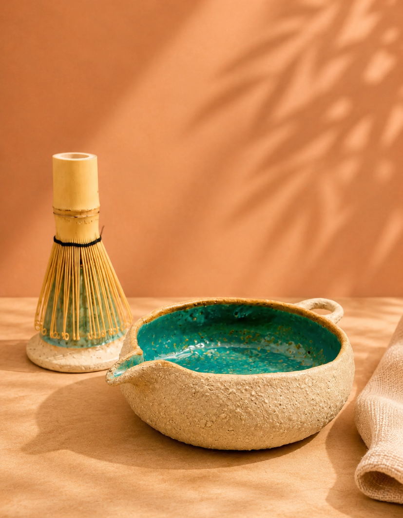 Decorative ceramic bowl with turquoise interior and small handle, next to a bamboo and straw wind chime, on a wooden surface with a pink wall and shadow of a plant in the background.