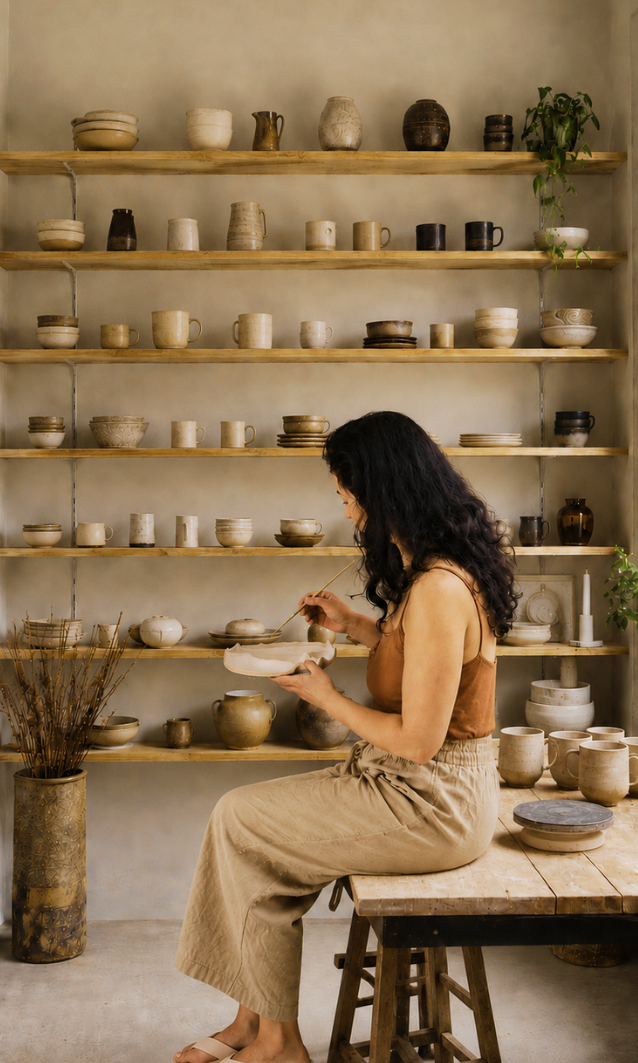 A woman with long curly dark hair, wearing a brown sleeveless top and beige pants, sitting on a wooden stool in a pottery studio. She is holding a small ceramic plate and using a tool to paint or decorate it. Behind her is a wall with multiple wooden shelves filled with various unglazed ceramic bowls, cups, and jars, arranged in rows. To her left is a tall vase with dried plants, and to her right are more pottery items and greenery hanging from the shelf.