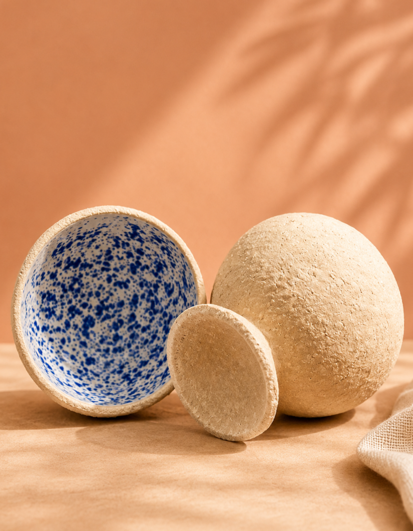 A beige textured ceramic vase, a small matching bowl, and a large round beige textured orb on a wooden surface with a warm background and soft lighting.