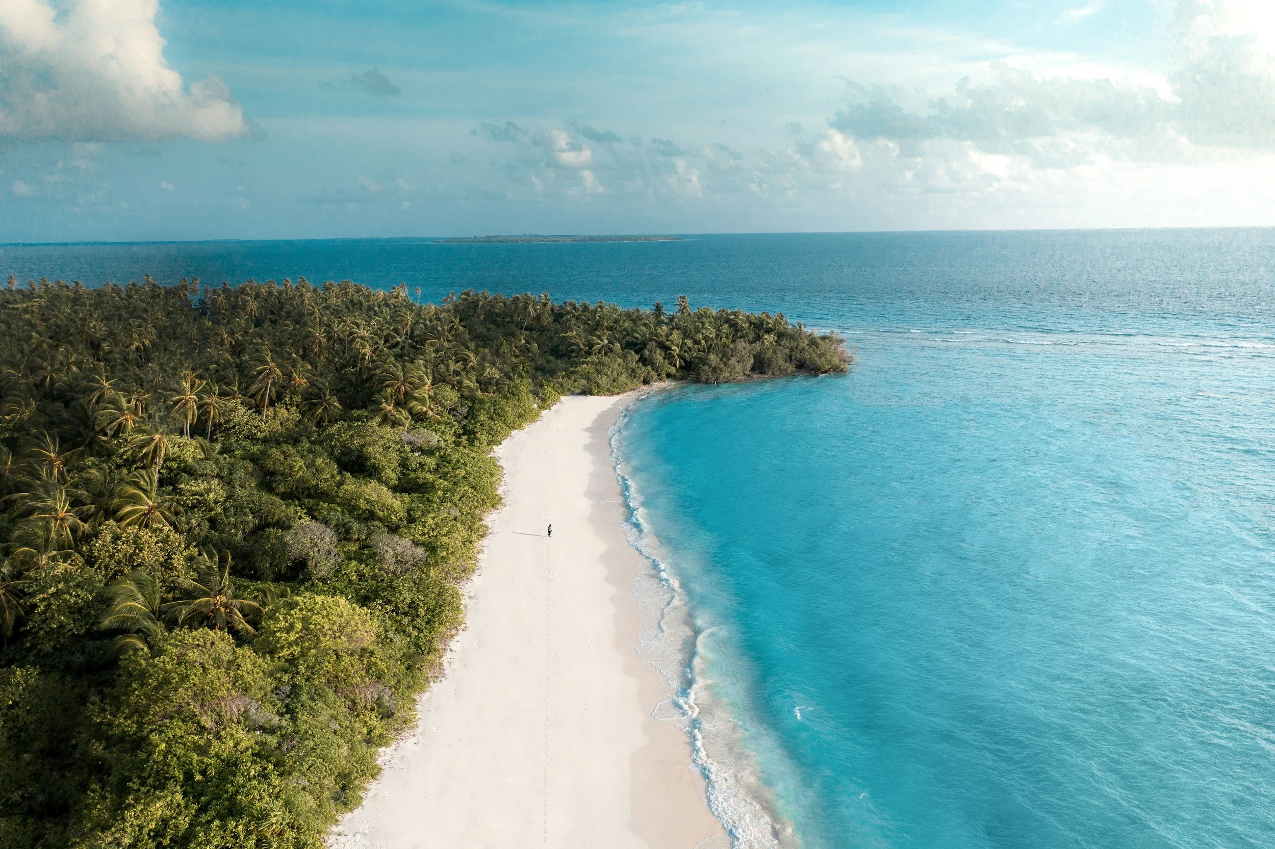 Aerial view of a tropical beach with white sand, clear blue water, and lush green trees.