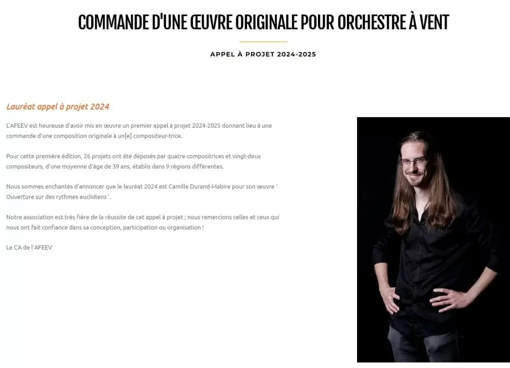Tr&egrave;s heureux d'avoir &eacute;t&eacute; s&eacute;l&eacute;ctionn&eacute; par le jury de l'AFEEV pour cet appel &agrave; commande ! &Ccedil;a va &ecirc;tre ma premi&egrave;re occasion d'&eacute;crire pour ensemble &agrave; vents. Une super exp&e