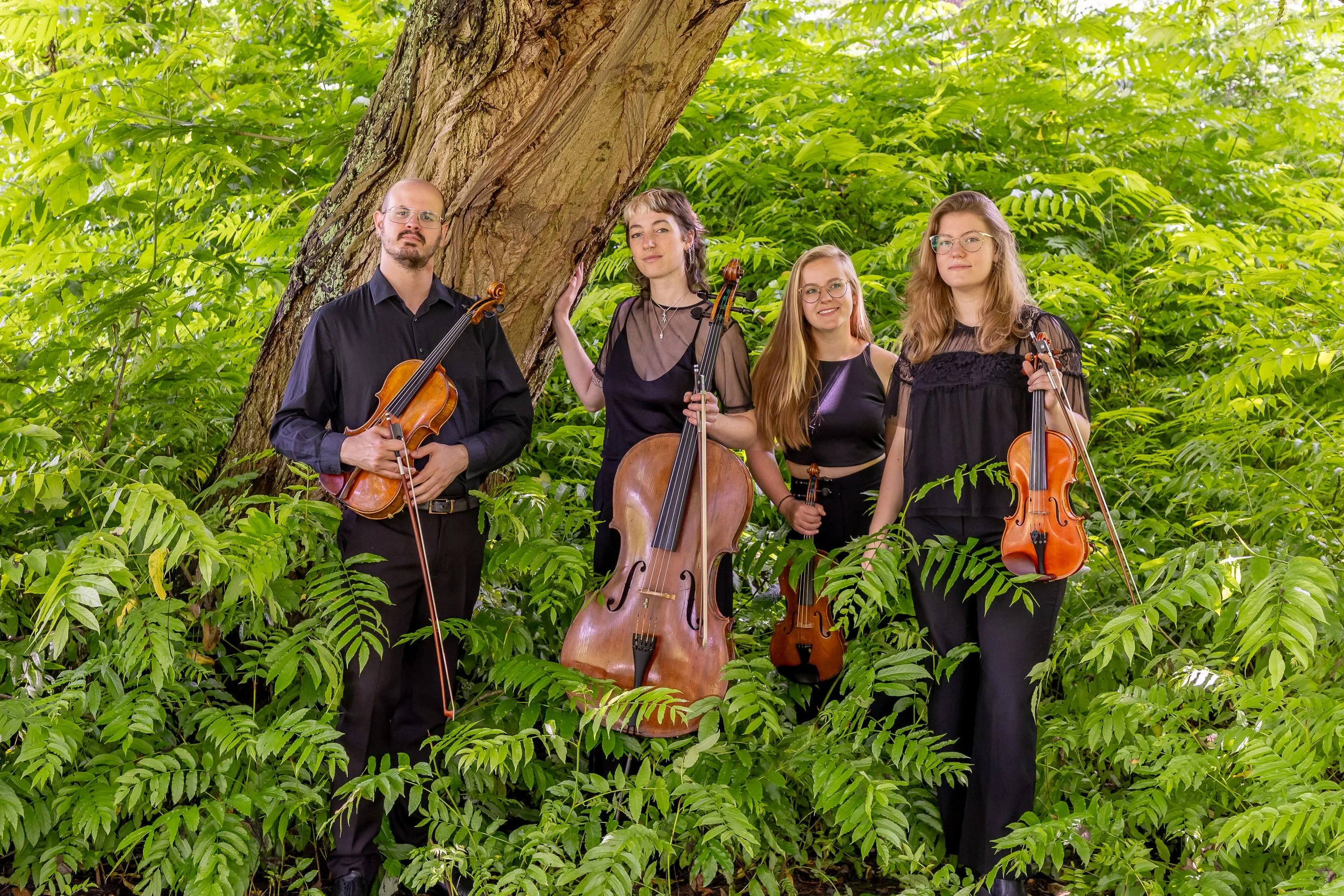 Four musicians holding string instruments, including violins, viola, and cello, standing outdoors among green foliage and trees.