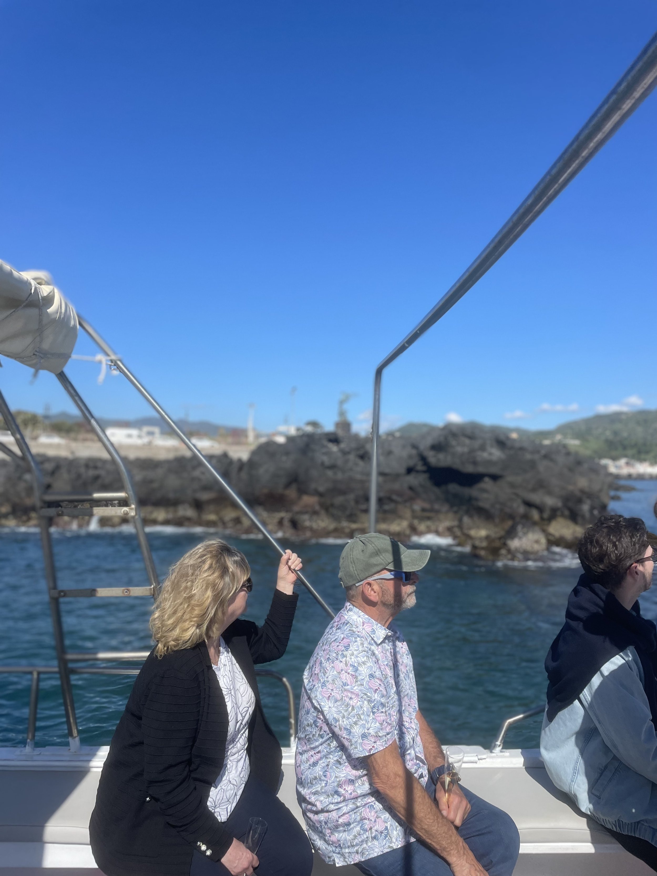 People sitting on a boat with ocean and rocky coast in the background.