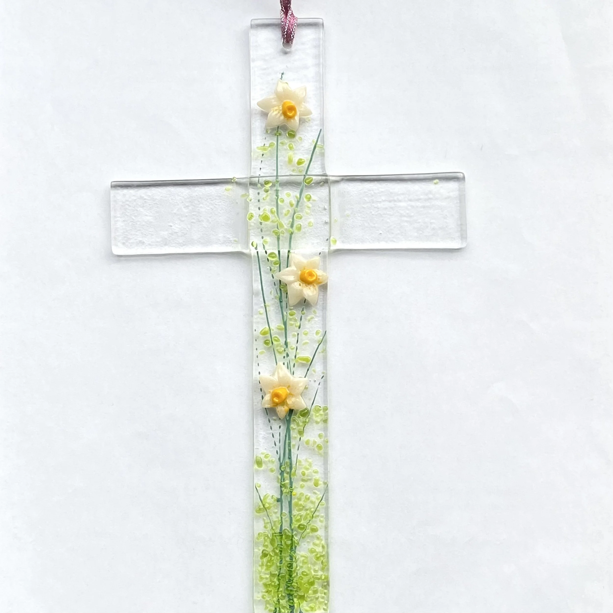 3D White Daffodil Fused Glass Cross