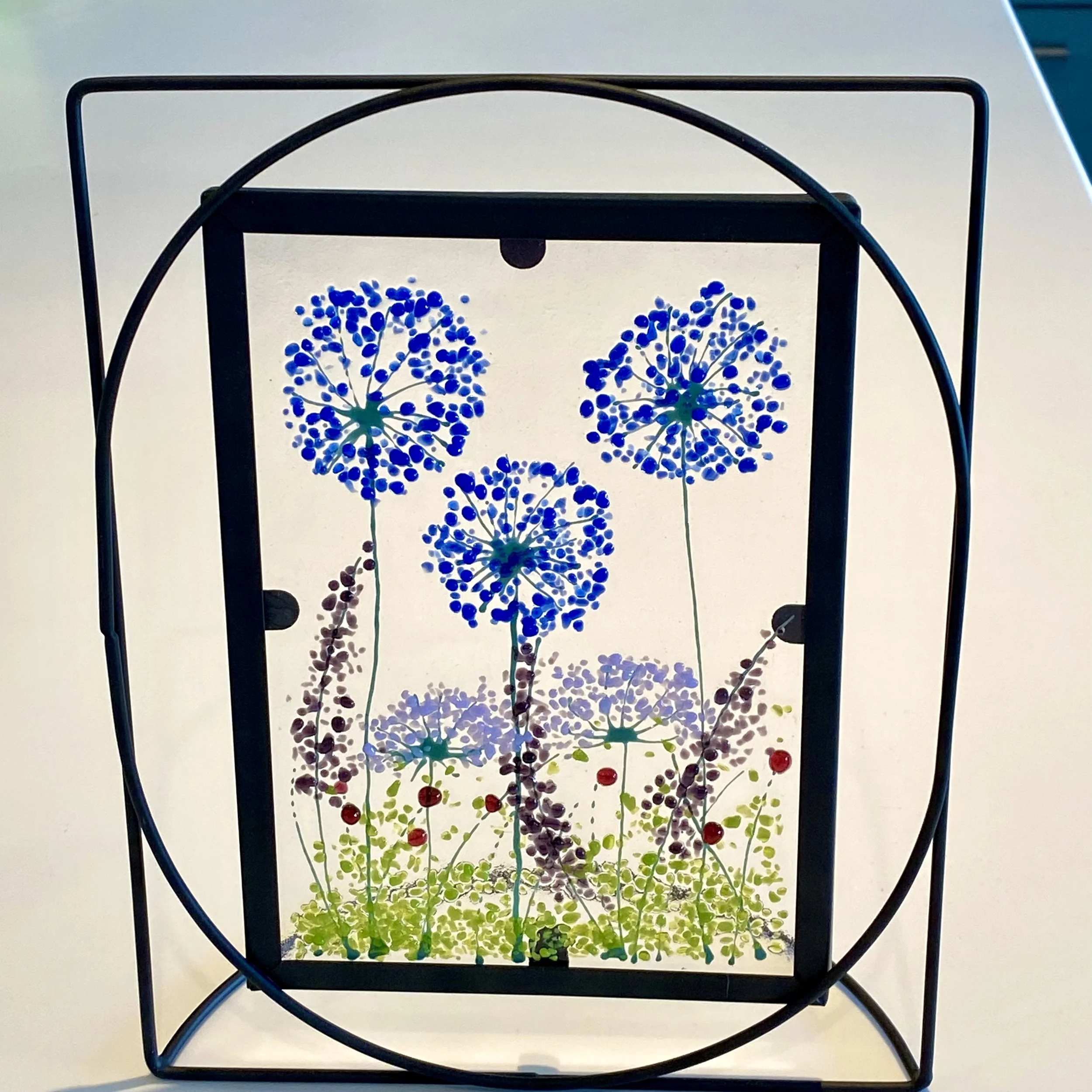Alliums in metal frame.