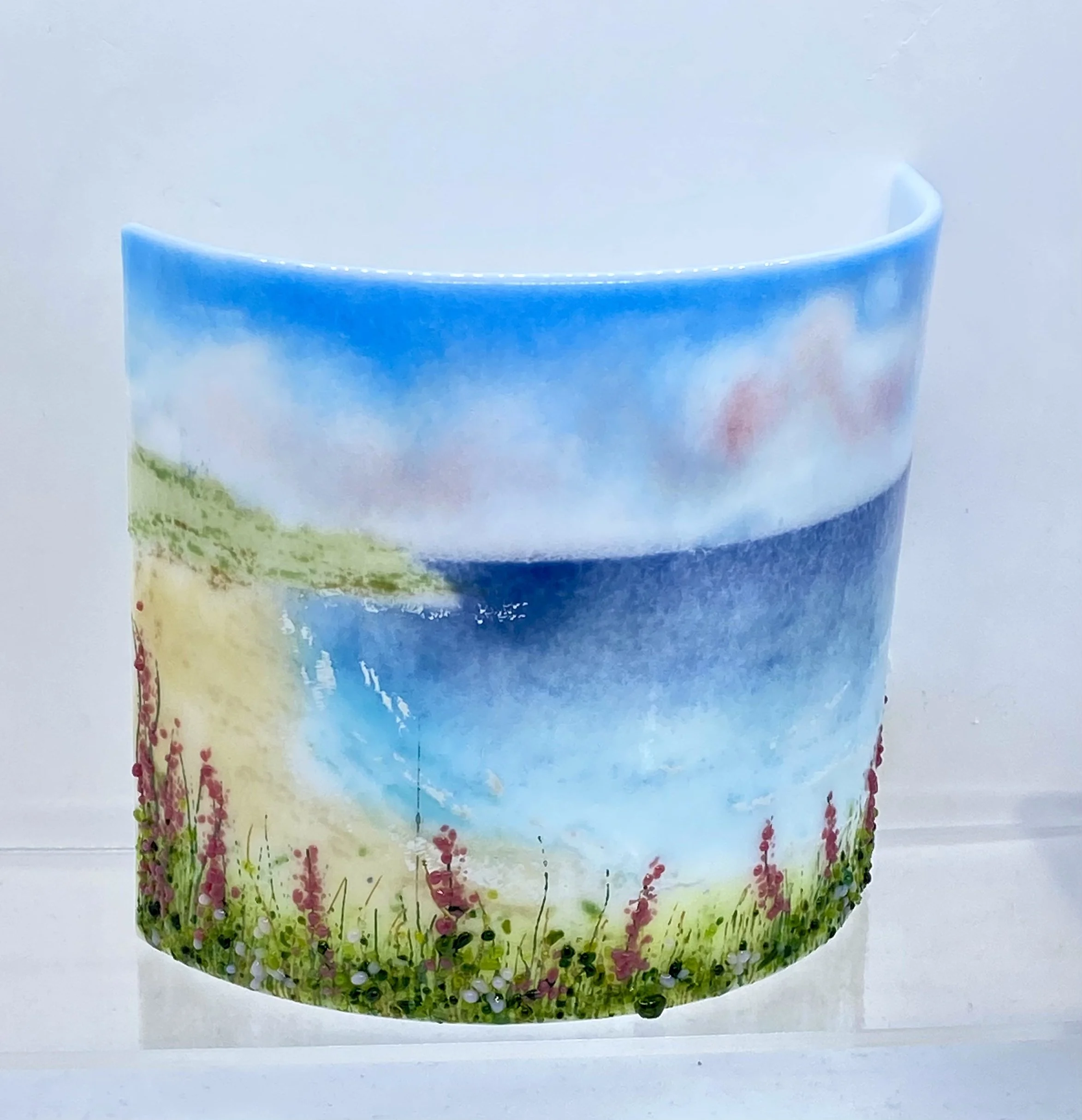 seascape with pink flowers