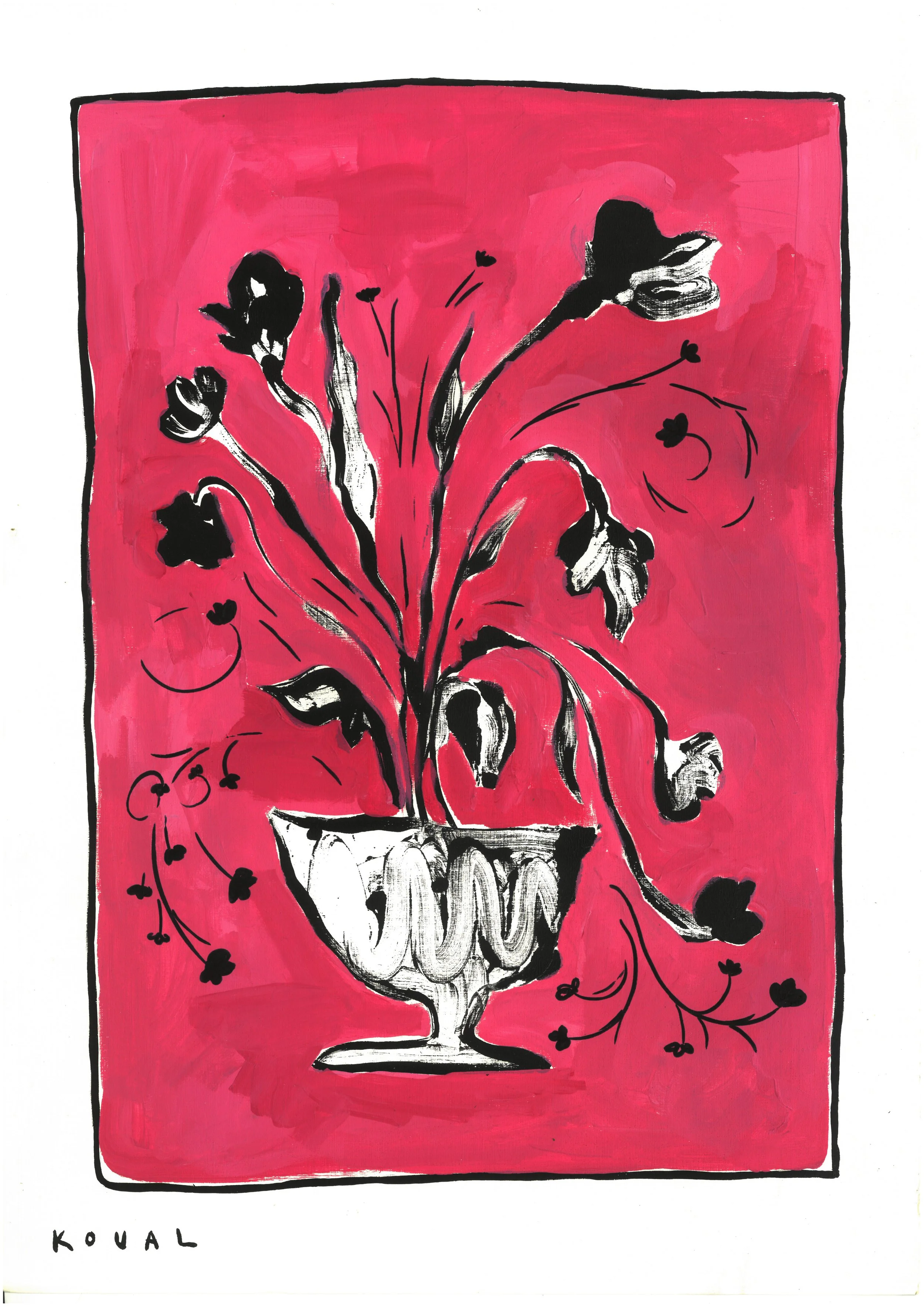Pink Flowers in a Vase by Polina Koval: painting of black and white flowers on long curving stems in a white footed vase, on a bright pink background inside a hand-drawn black border, signed KOVAL.