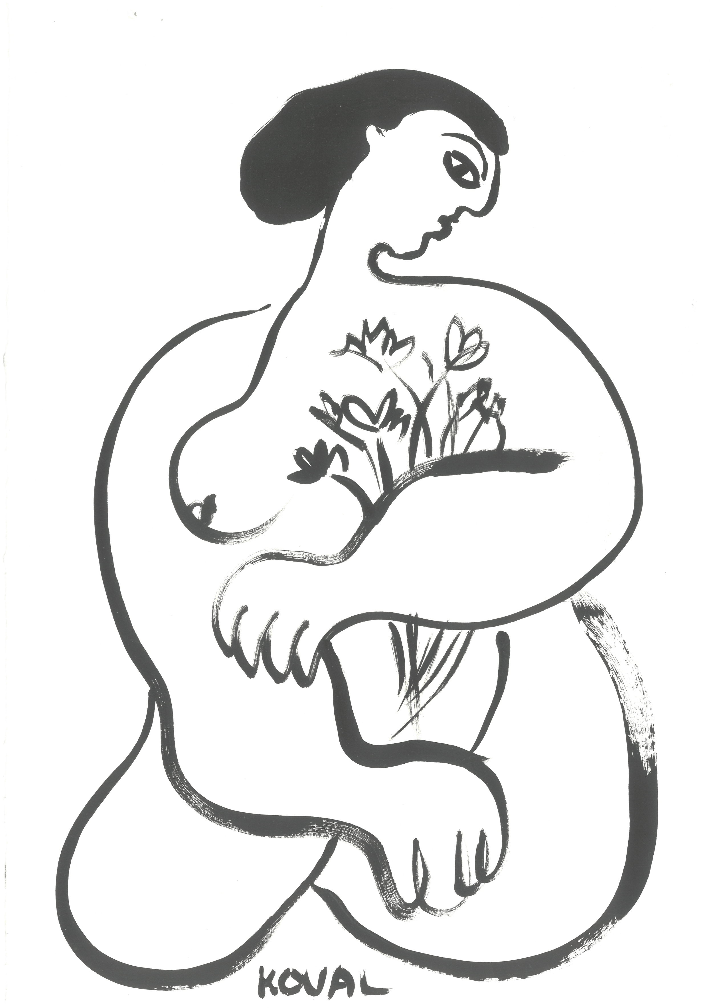 Black ink line drawing “Girl with Flowers. July.” by Polina Koval: a seated nude woman looks over her shoulder, arms wrapped around her knees, with flowers inside her torso