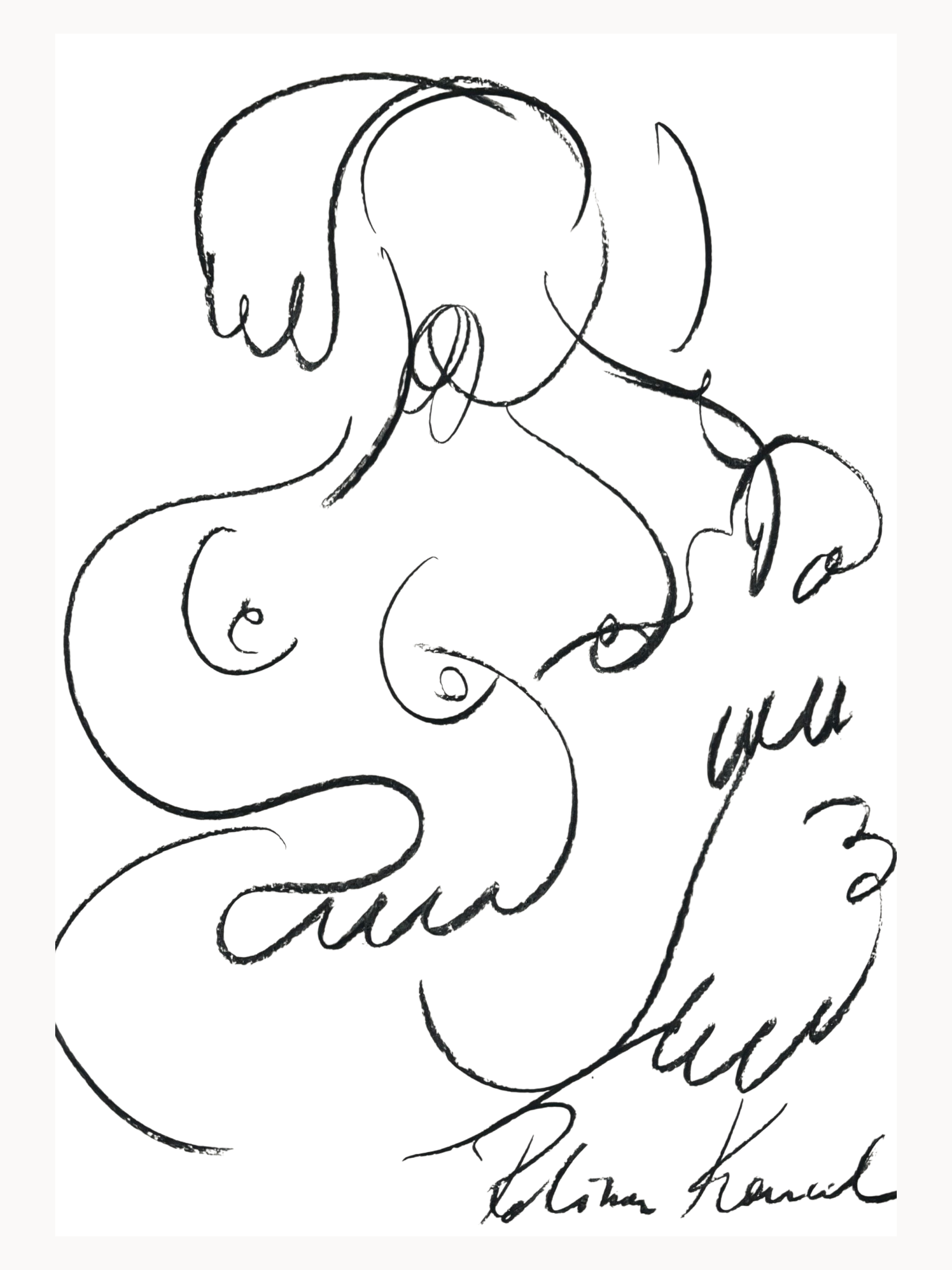 Continuous line-art drawing in black ink of a nude female figure, seated with back and shoulders visible, minimalist abstract style, signed Polina Koval