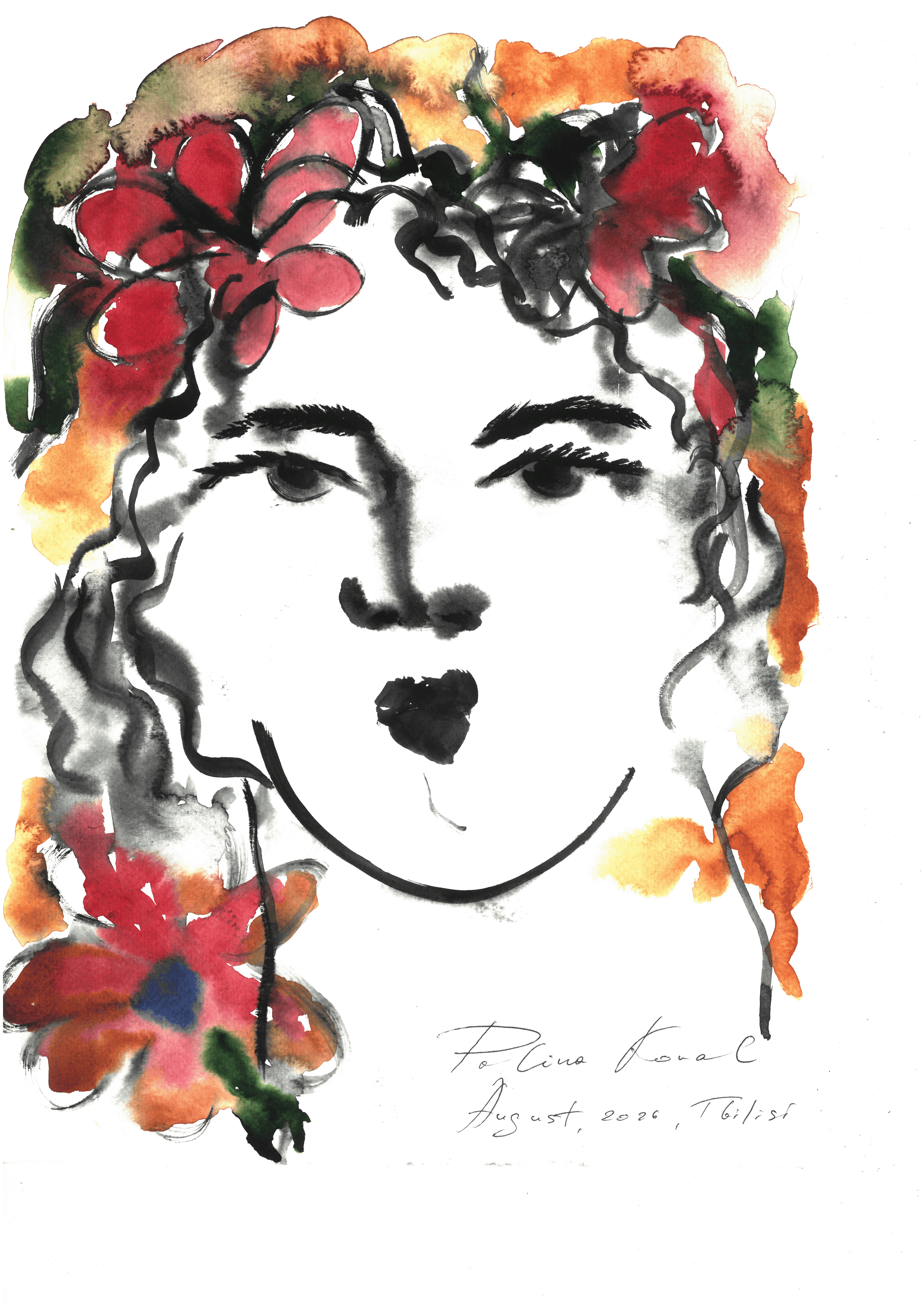 Ink and watercolour portrait “August Girl” by Polina Koval: a woman’s face drawn in black ink, crowned with red, orange and green watercolour flowers