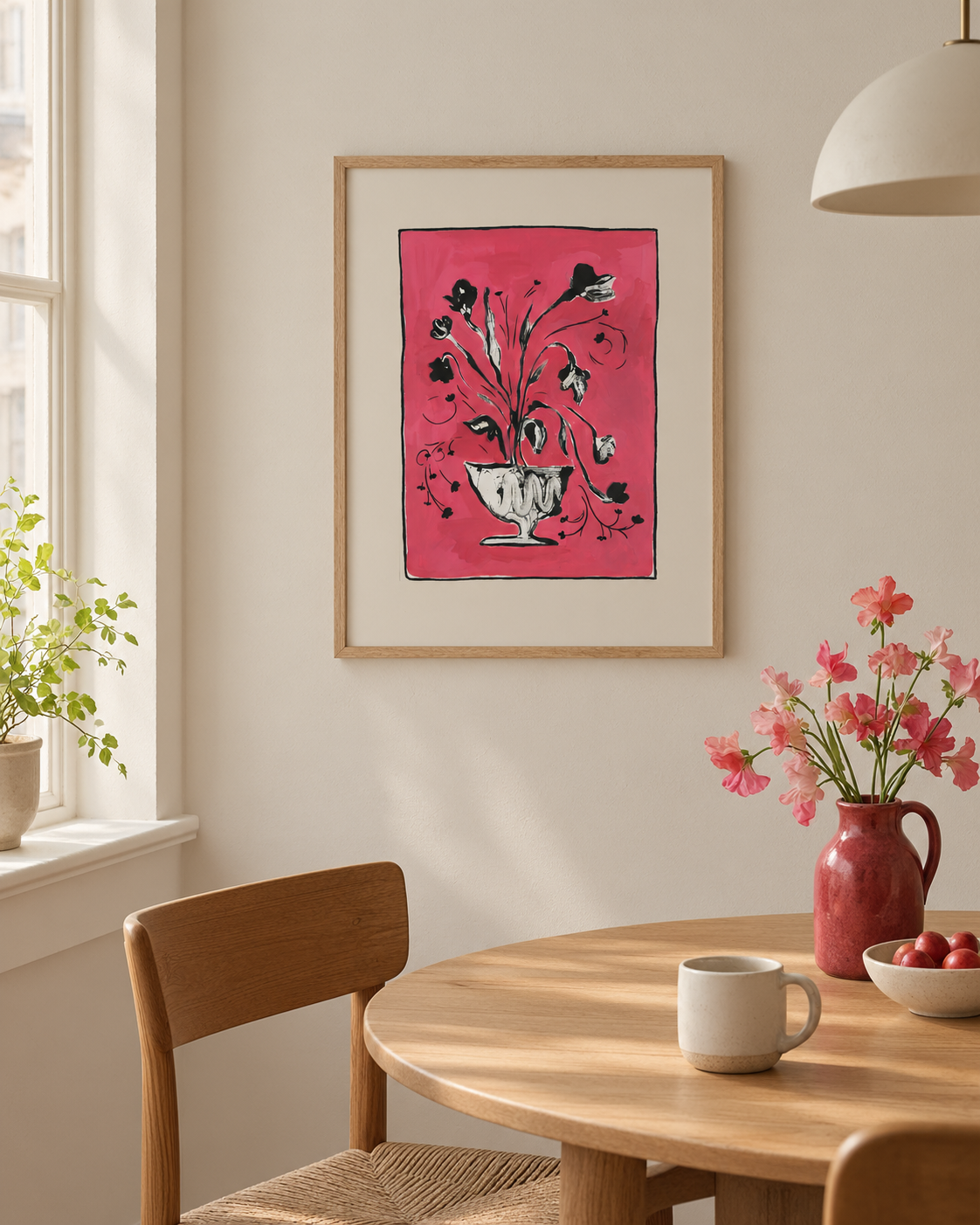 Pink Flowers in a Vase framed print in an oak frame with a white mat, hanging above a wooden desk in a sunlit room.