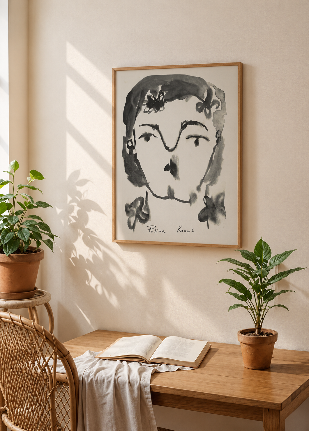 Framed print “Watercolor Portrait” on a wall above a wooden desk with a rattan chair and potted plants in a sunny room