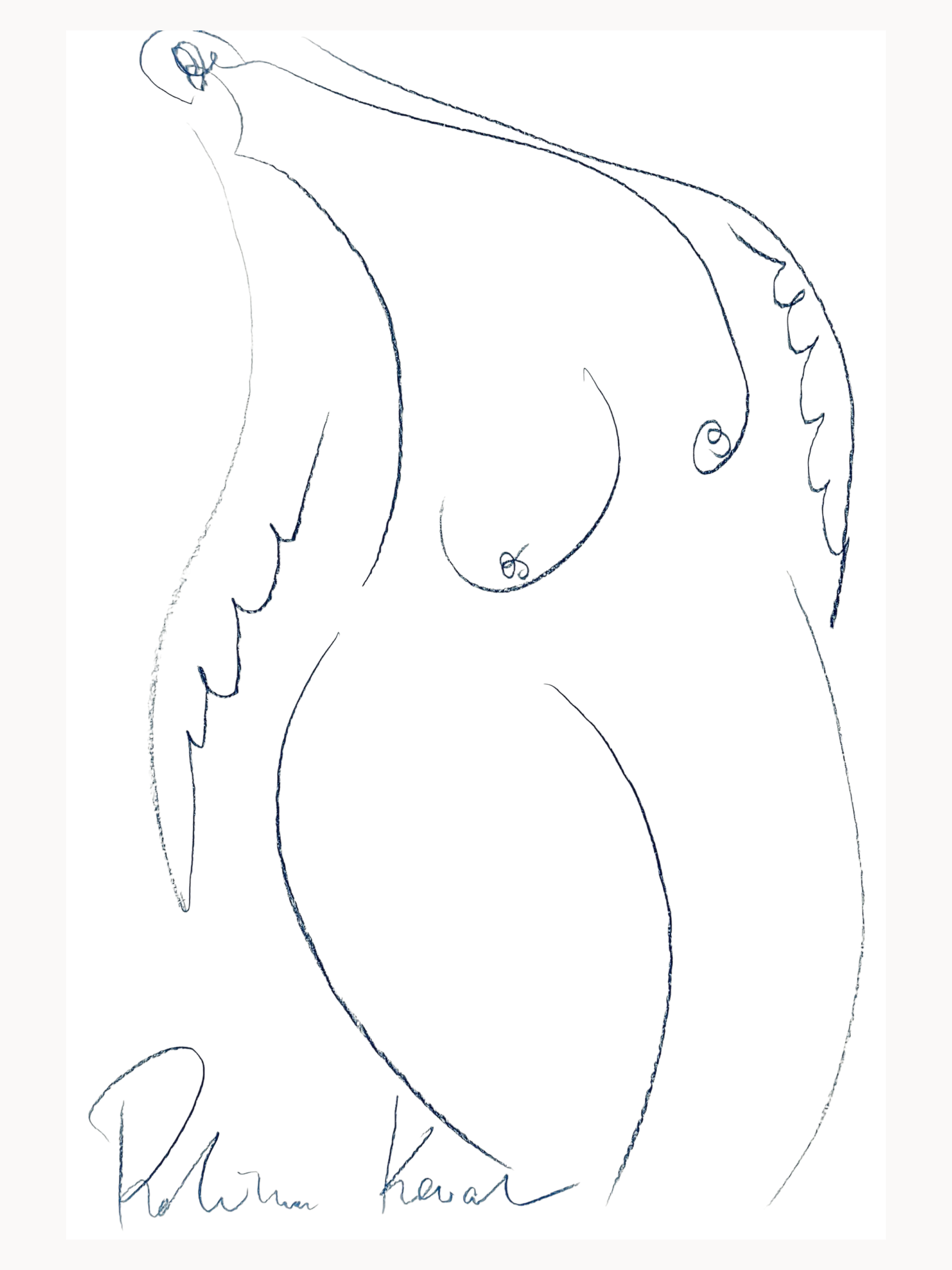 Continuous line-art drawing in blue ink of an abstract nude figure with flowing, wing-like forms and dotted linework details, titled Blue Woman