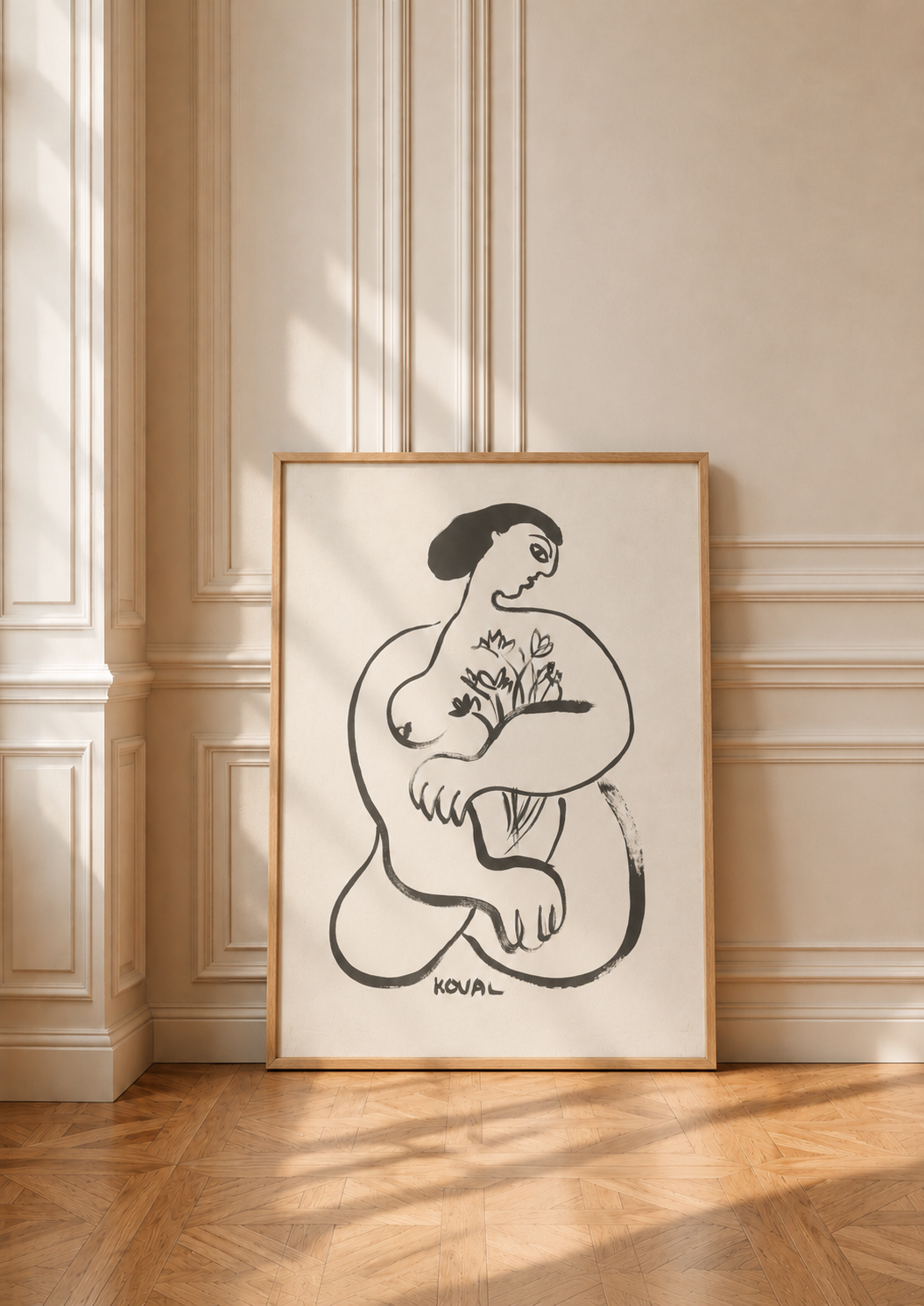 Poster “Girl with Flowers. July.” in a thin oak frame, leaning on a parquet floor against a paneled wall