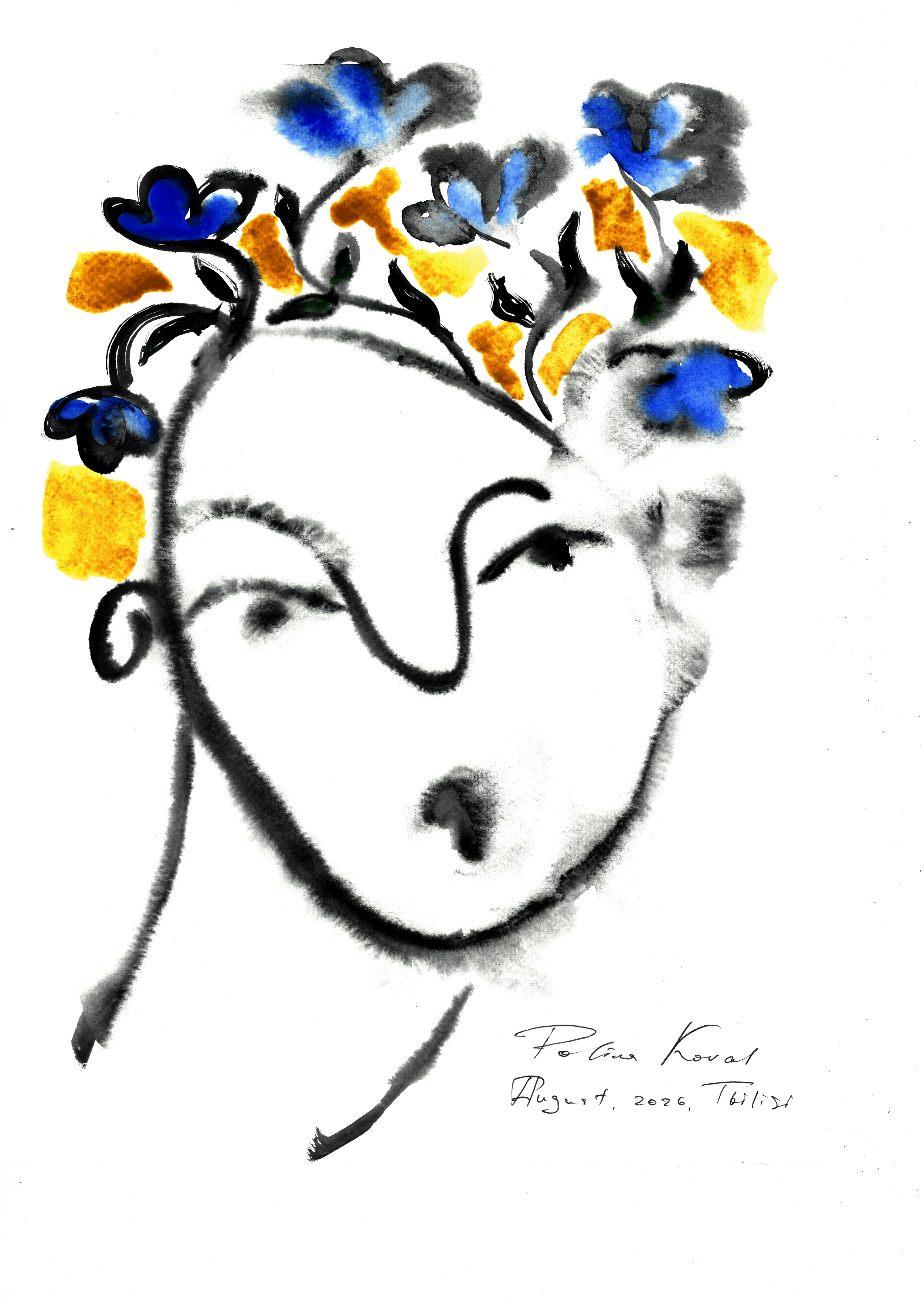 Ink and watercolour portrait “August Boy” by Polina Koval: a face in loose black line, crowned with blue and ochre watercolour flowers
