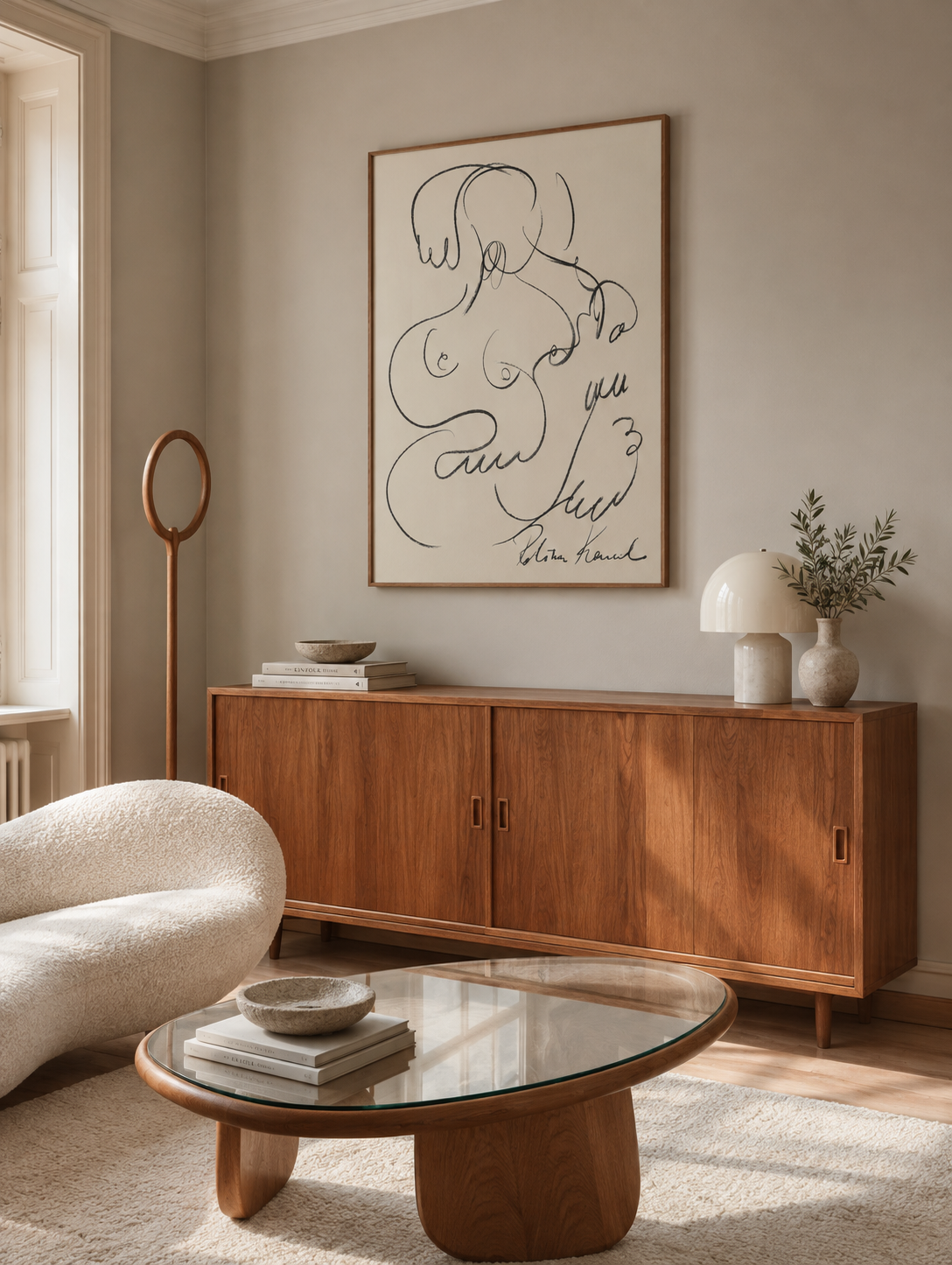 Framed continuous line-art print of a nude female figure hung above a walnut sideboard in a neutral, mid-century modern living room