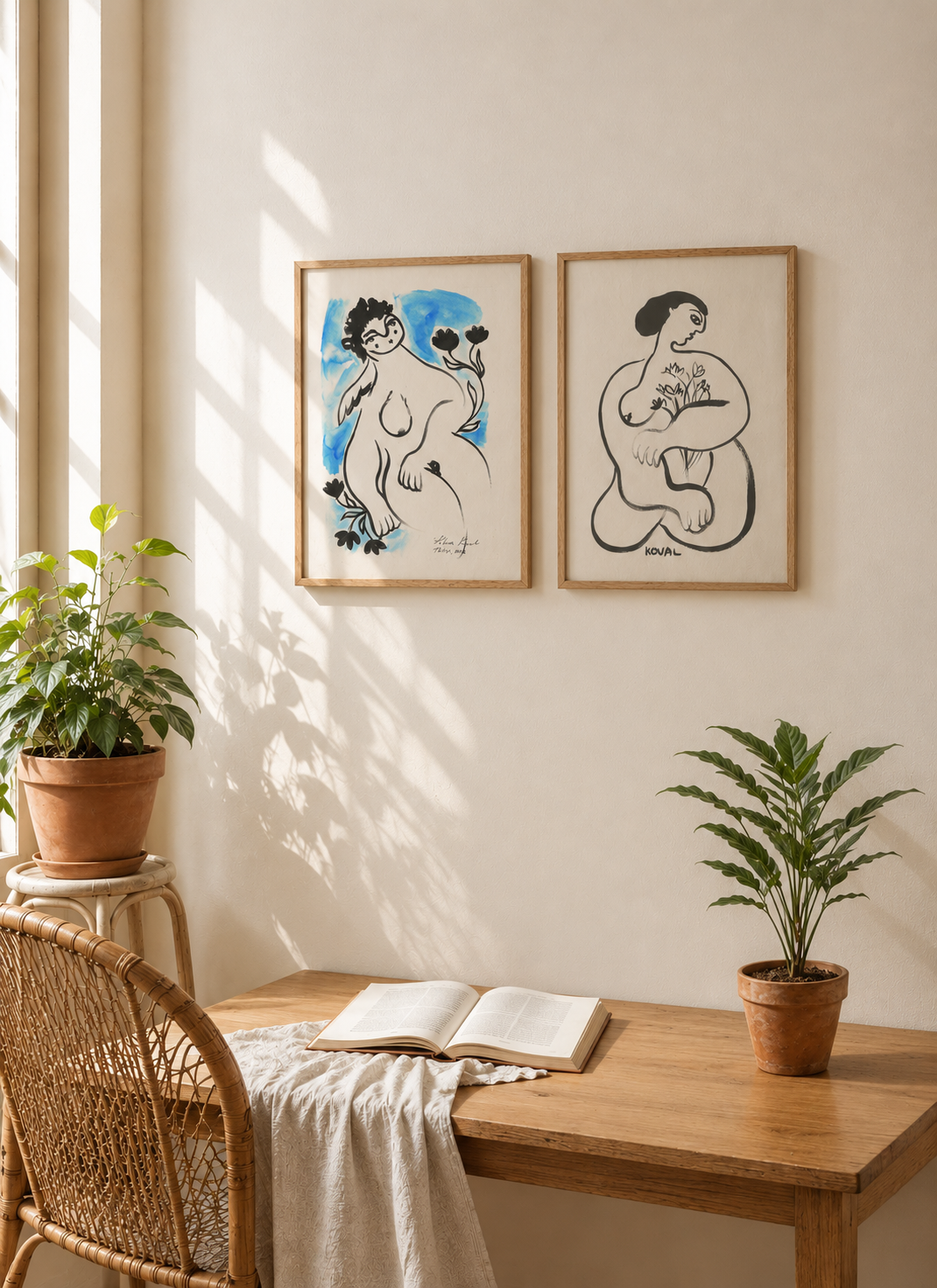 Two framed posters, including “Girl with Flowers. July.”, on a wall above a wooden desk with plants