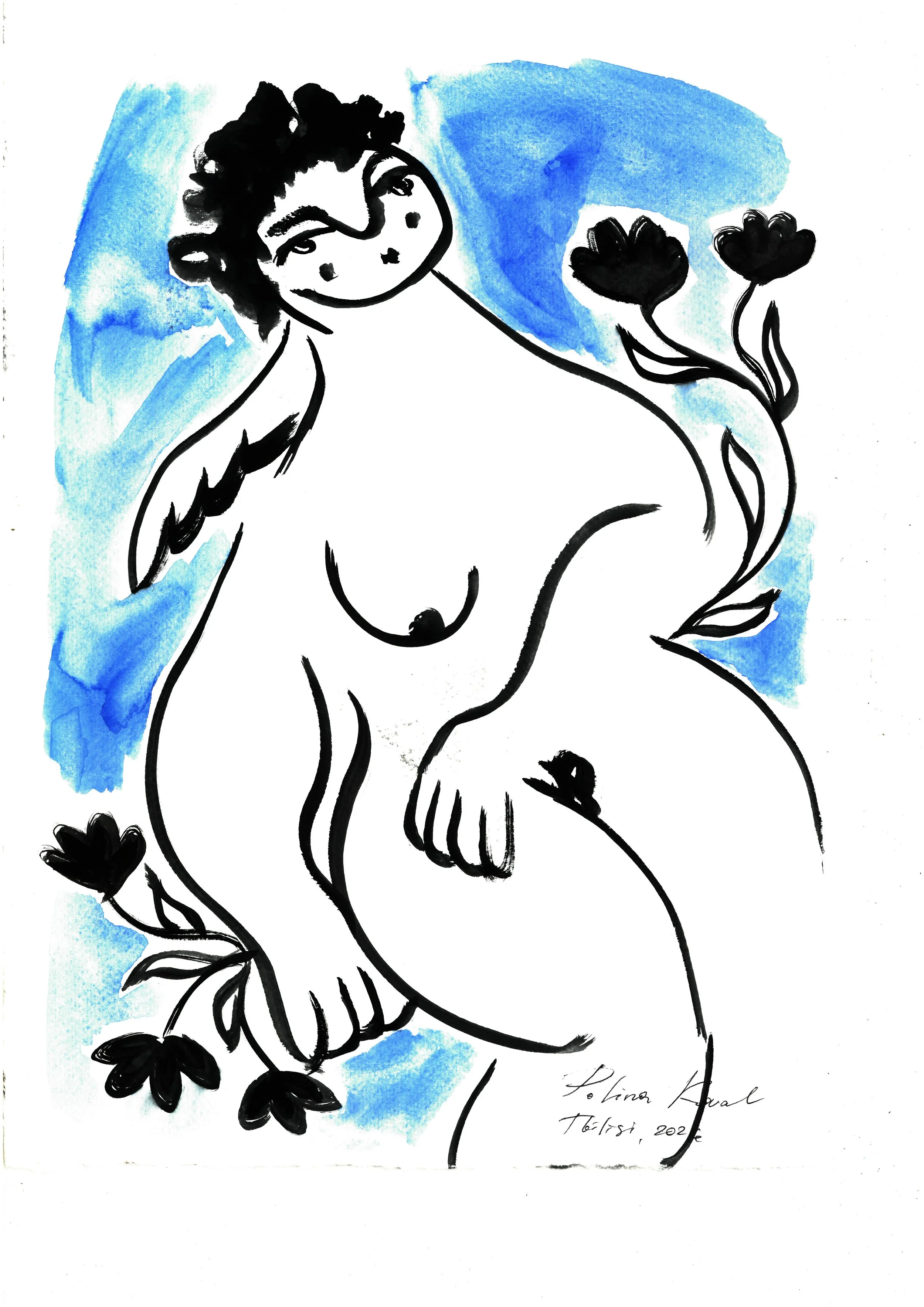 Angel by the Seaside by Polina Koval: black ink drawing of a curvy nude woman with small wings, curly dark hair and freckled cheeks, sitting among black flowers against loose blue watercolour washes.