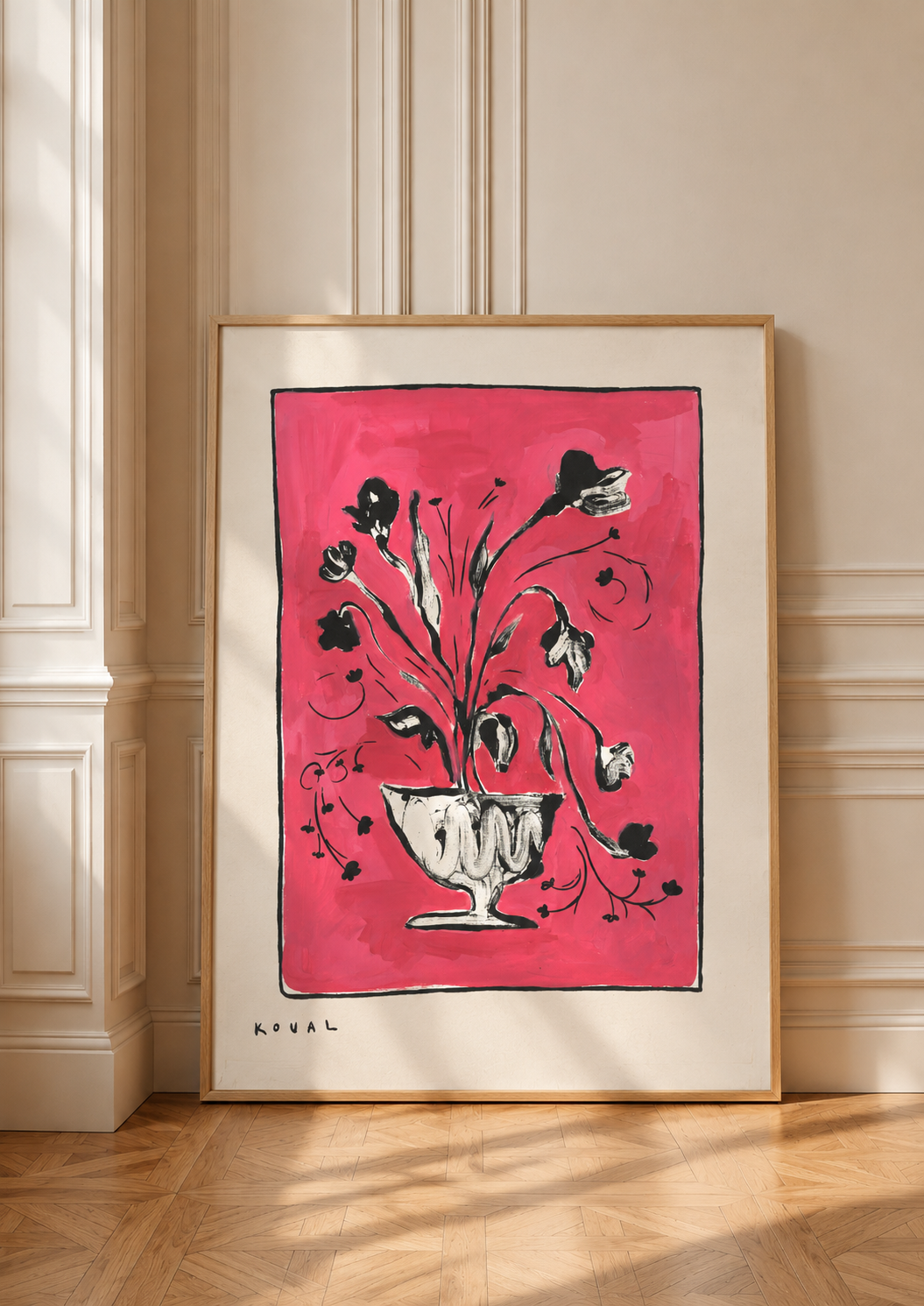 Poster “Pink Flowers in a Vase” in a thin oak frame, leaning against a white paneled wall in a bright room
