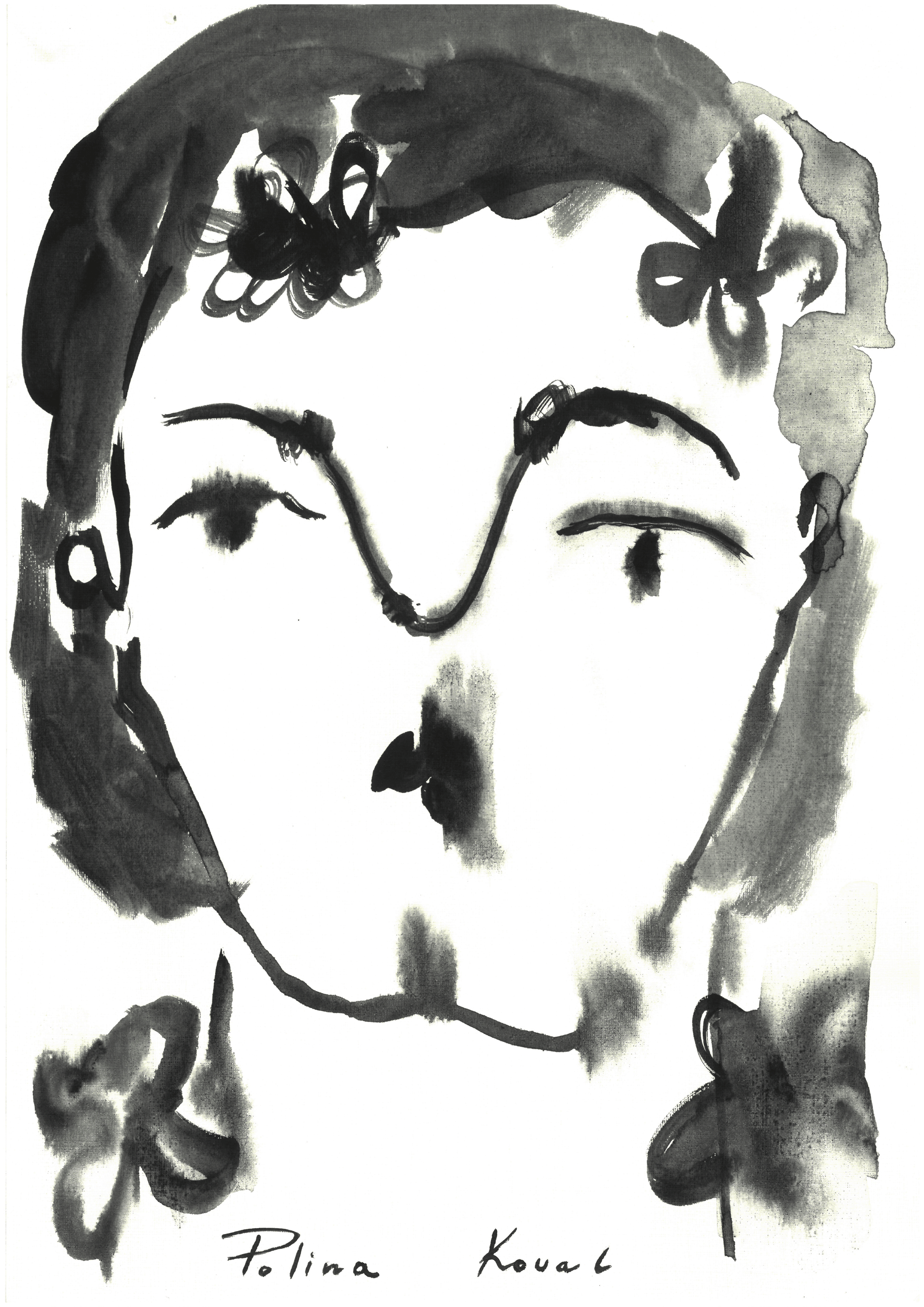 Black watercolor painting “Watercolor Portrait” by Polina Koval: a woman’s face in loose, dark brushstrokes with expressive eyes and a small, dark mouth